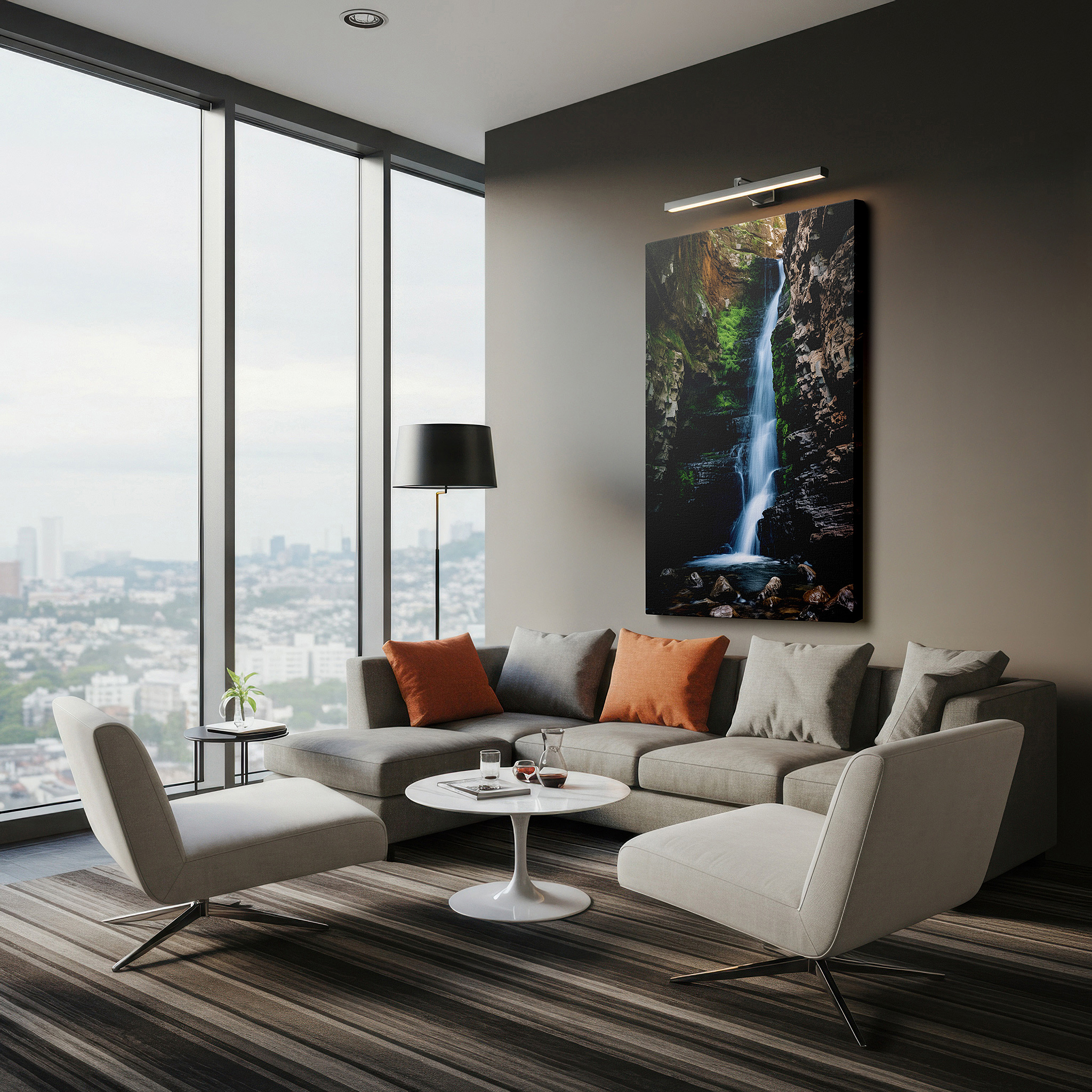 Available in 30×20 cm — a subtle addition to small personal spaces — moss-covered rocks and cascading waterfall: a display of nature's strength and calmness - large canvas wall art for home and office decor