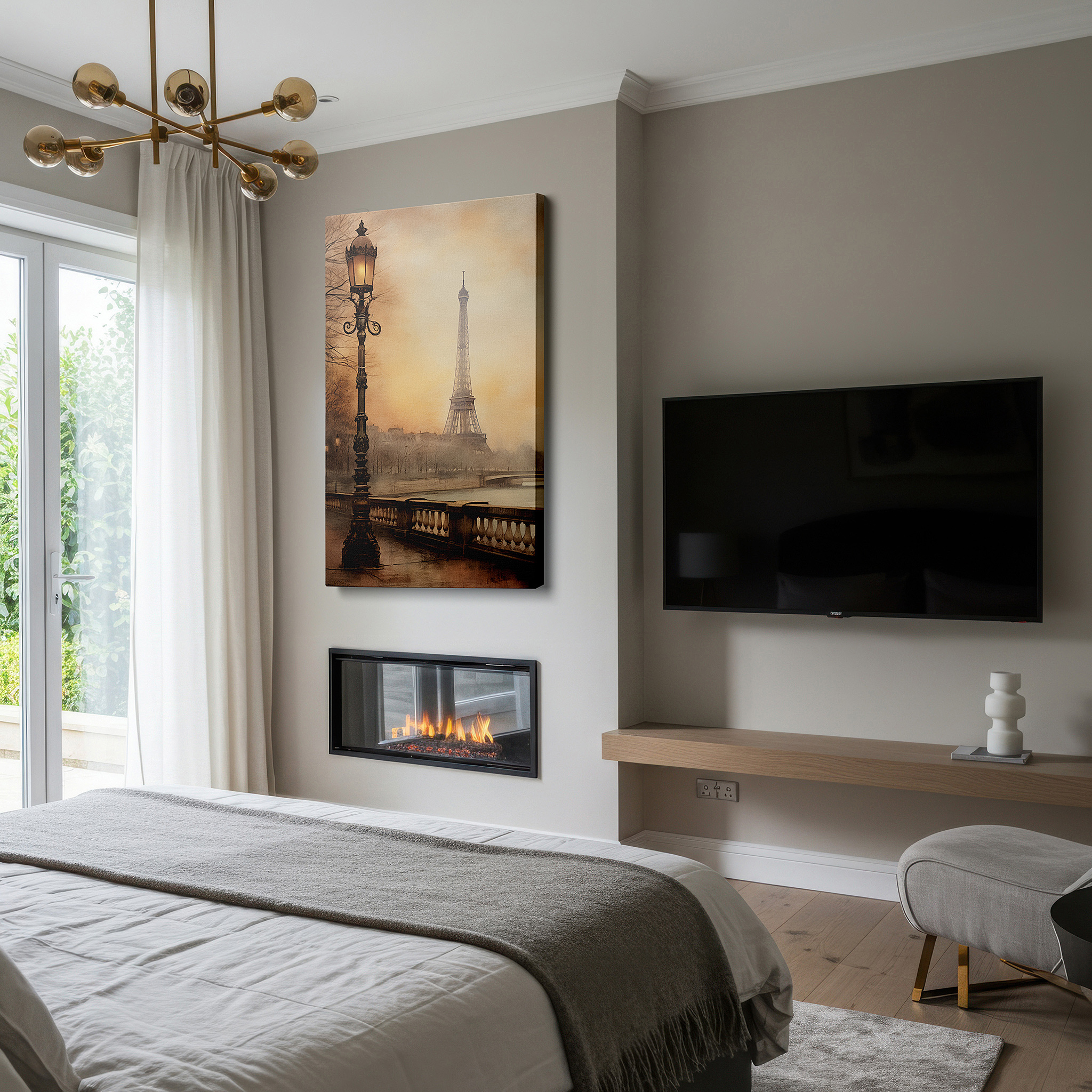 Available in 30×20 cm — a subtle addition to small personal spaces — mystical parisian night with foggy eiffel tower and lit seine river large wall art, canvas wall art, wall decor for office and bedroom