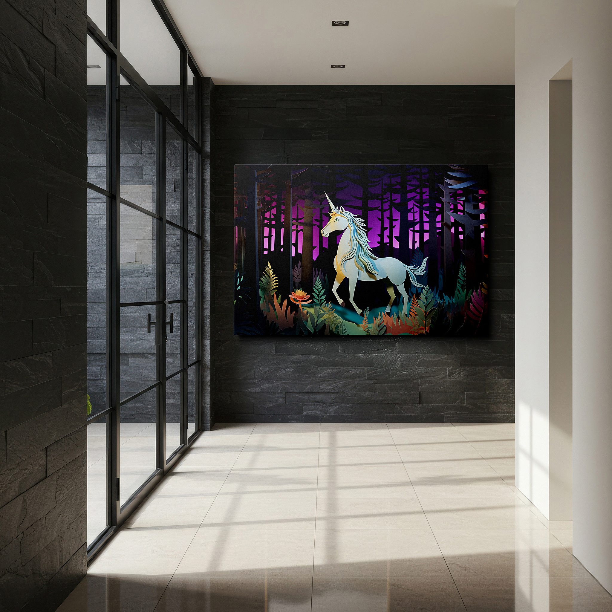 Available in 30×20 cm — a subtle addition to small personal spaces — mystical unicorn in an enchanted forest, magical vision and dream-themed large wall art, canvas wall art for office and bedroom decor