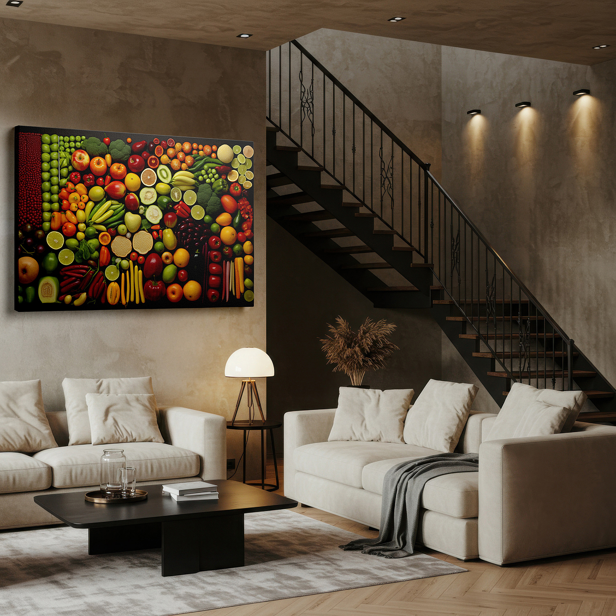 Available in 30×20 cm — a subtle addition to small personal spaces — nature's bounty celebration: vibrant fruits and vegetables large wall art, canvas decor for office and bedroom