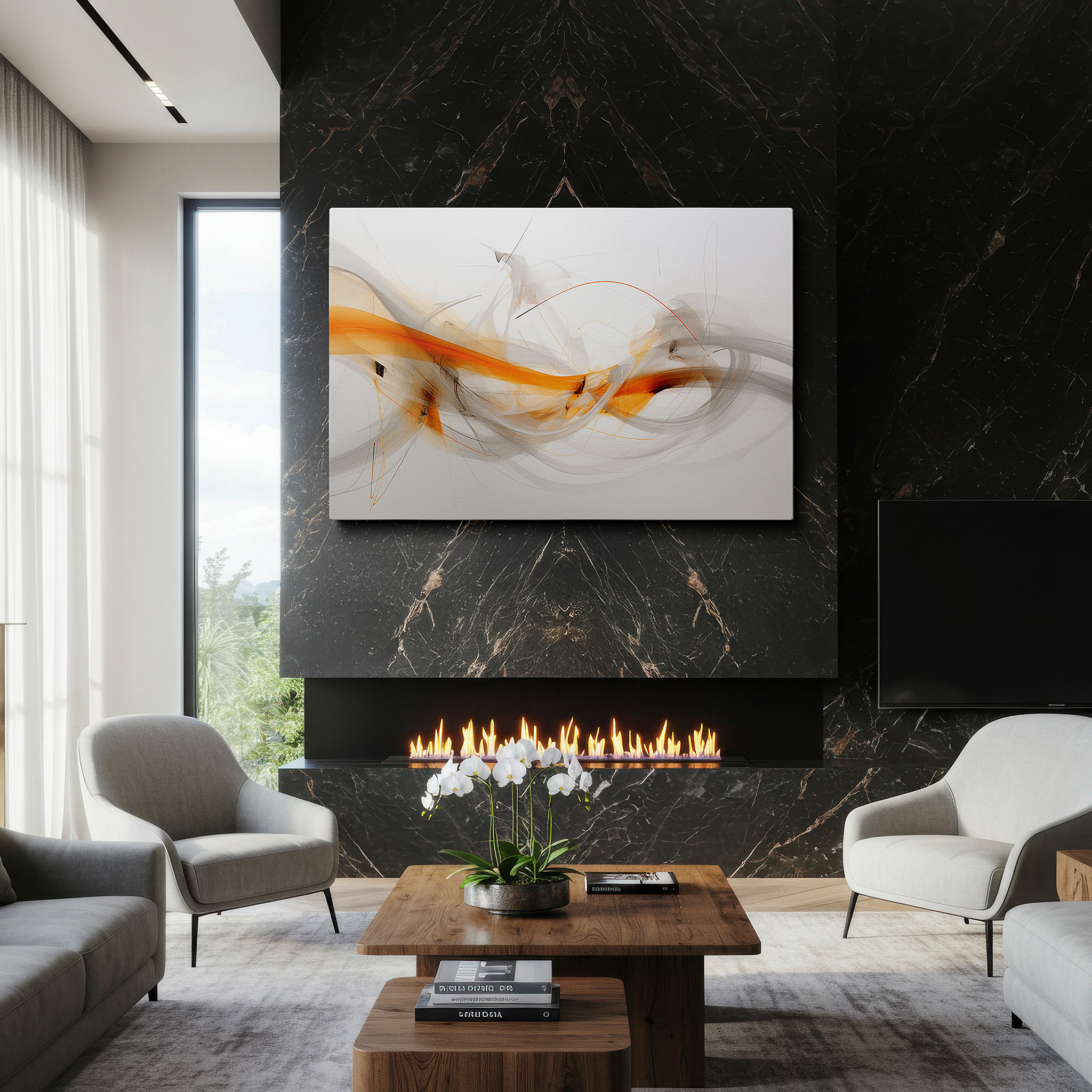Available in 30×20 cm — a subtle addition to small personal spaces — orange and gray dance: harmonious abstract expression, large canvas wall art for office, bedroom, and living room decor