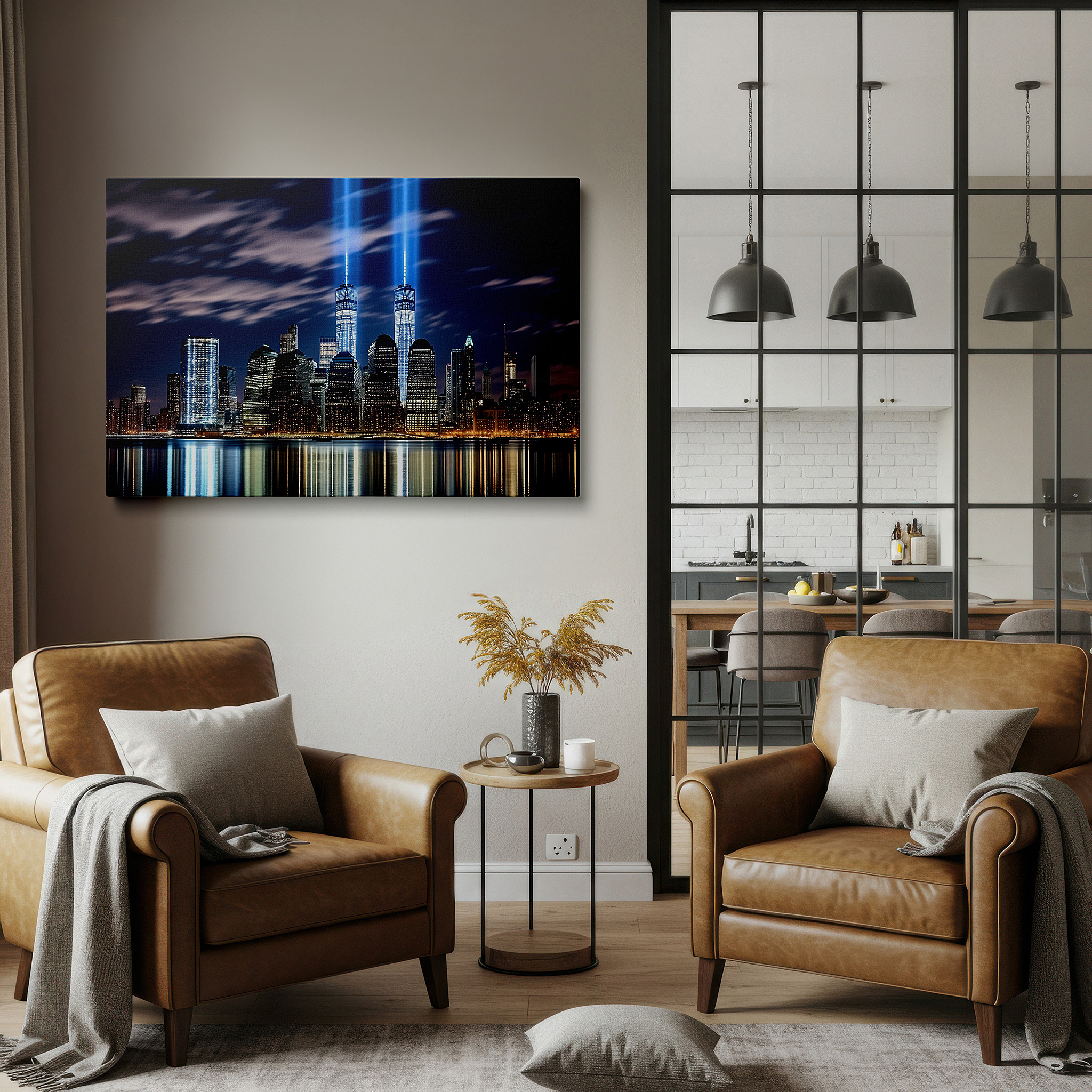 Available in 30×20 cm — a subtle addition to small personal spaces — resilient twin towers and hopeful skyline large nighttime wall art, canvas decor for office and bedroom