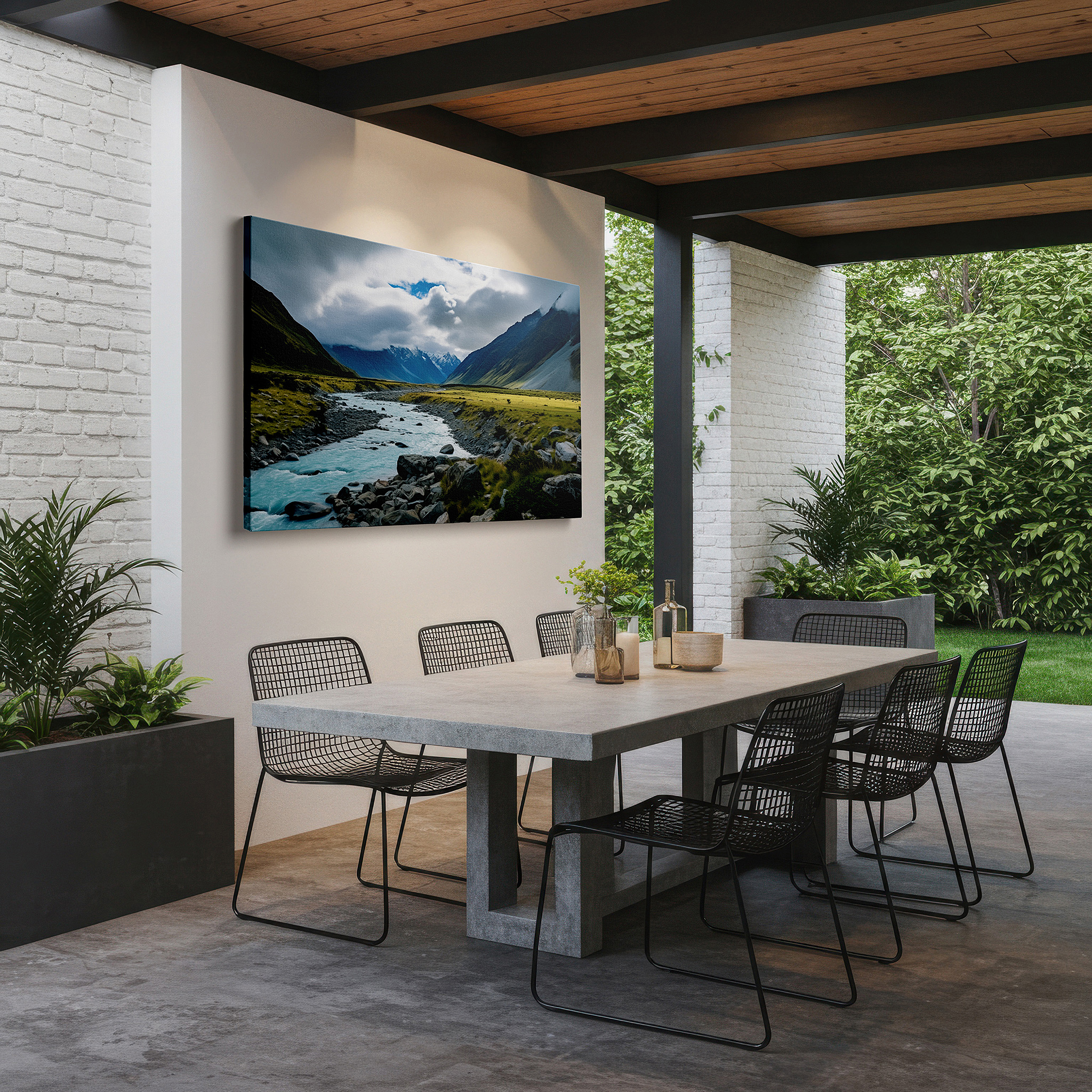 Available in 30×20 cm — a subtle addition to small personal spaces — river's reflection amid lush valleys and towering mountains: large canvas wall art for office, bedroom, and living room decor