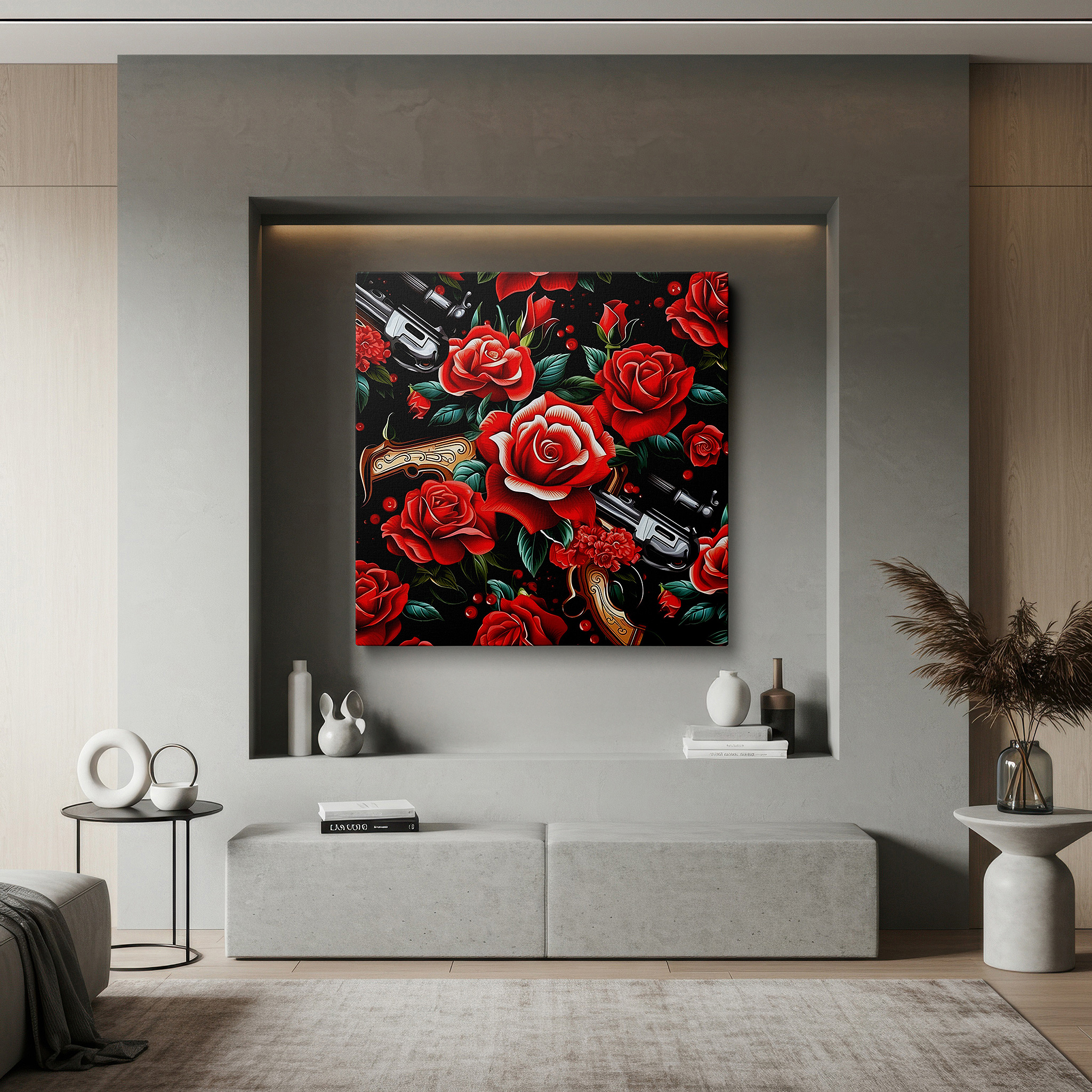 Available in 30×20 cm — a subtle addition to small personal spaces — roses and guns: a bold contrast of softness and peril - oversized wall art, canvas art, home and office decor