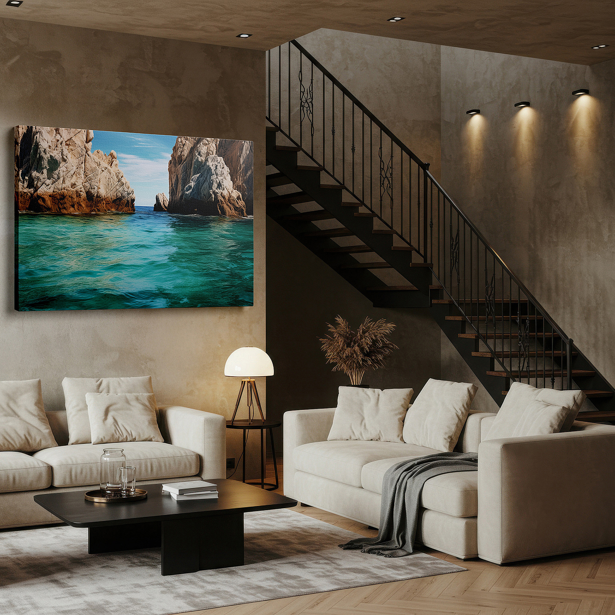 Available in 30×20 cm — a subtle addition to small personal spaces — rugged cliffs and turquoise sea - a serene nature landscape large wall art, canvas wall art, wall decor for office and bedroom