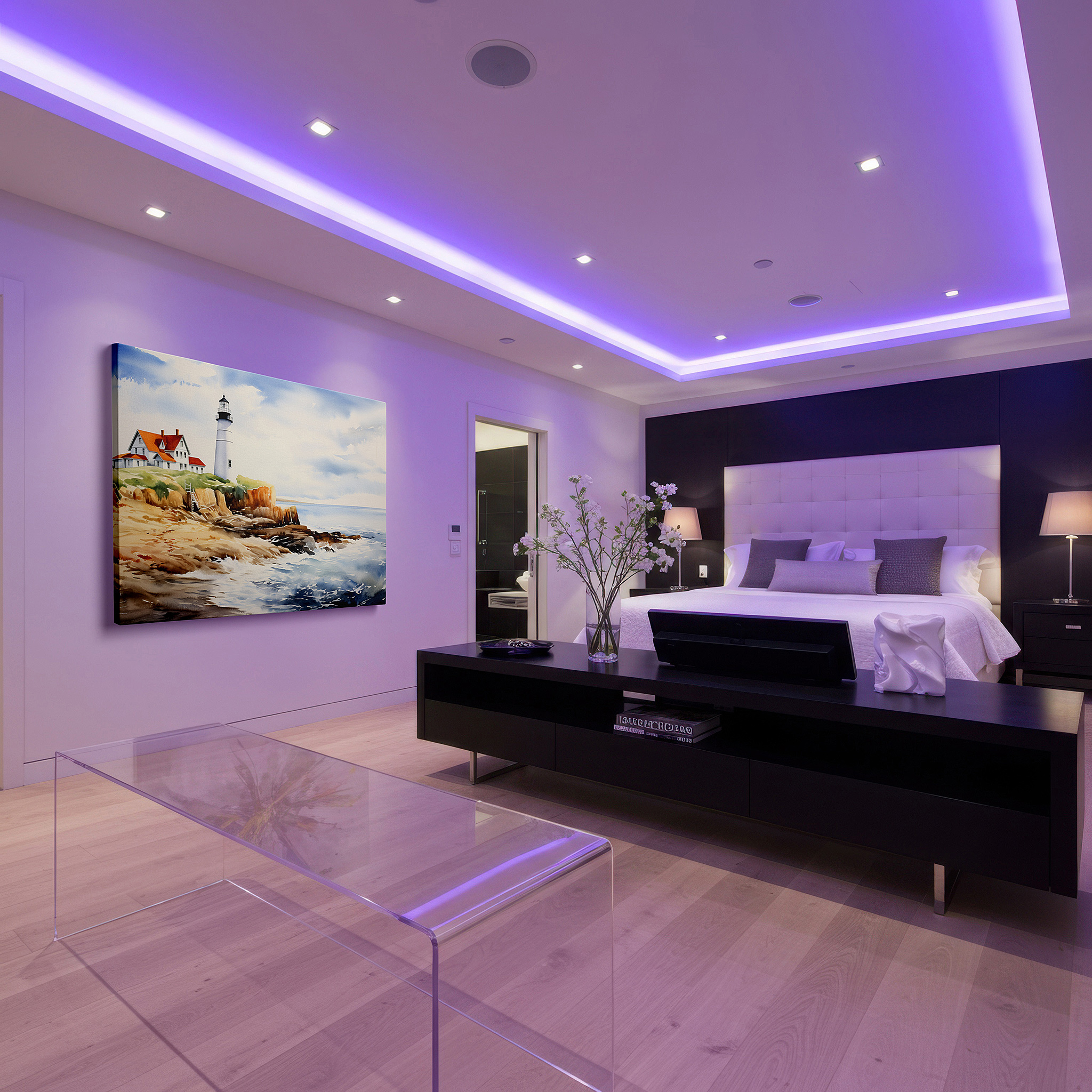 Available in 30×20 cm — a subtle addition to small personal spaces — serene coastal lighthouse scene wall art: large canvas featuring soft pastels and an ethereal sky, perfect for office or bedroom decor.
