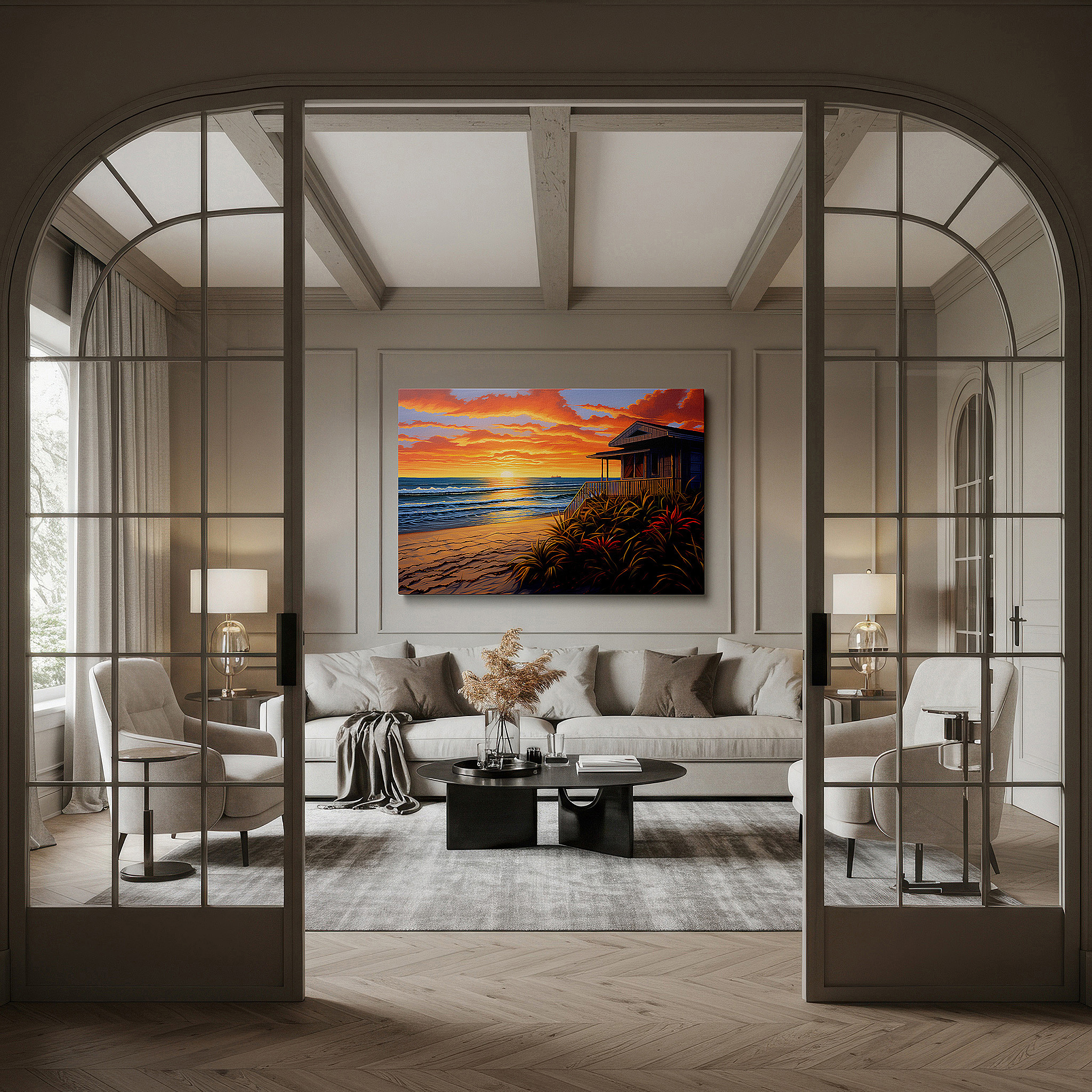 Available in 30×20 cm — a subtle addition to small personal spaces — serene coastal sunset and weathered beach house large canvas wall art for office, bedroom, and living room decor