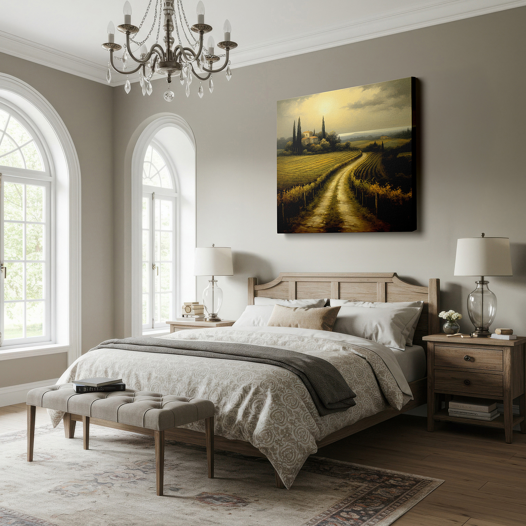 Available in 30×20 cm — a subtle addition to small personal spaces — serene country road canvas wall art: vibrant vineyards under golden sunlight - ideal for office, bedroom, and home decor