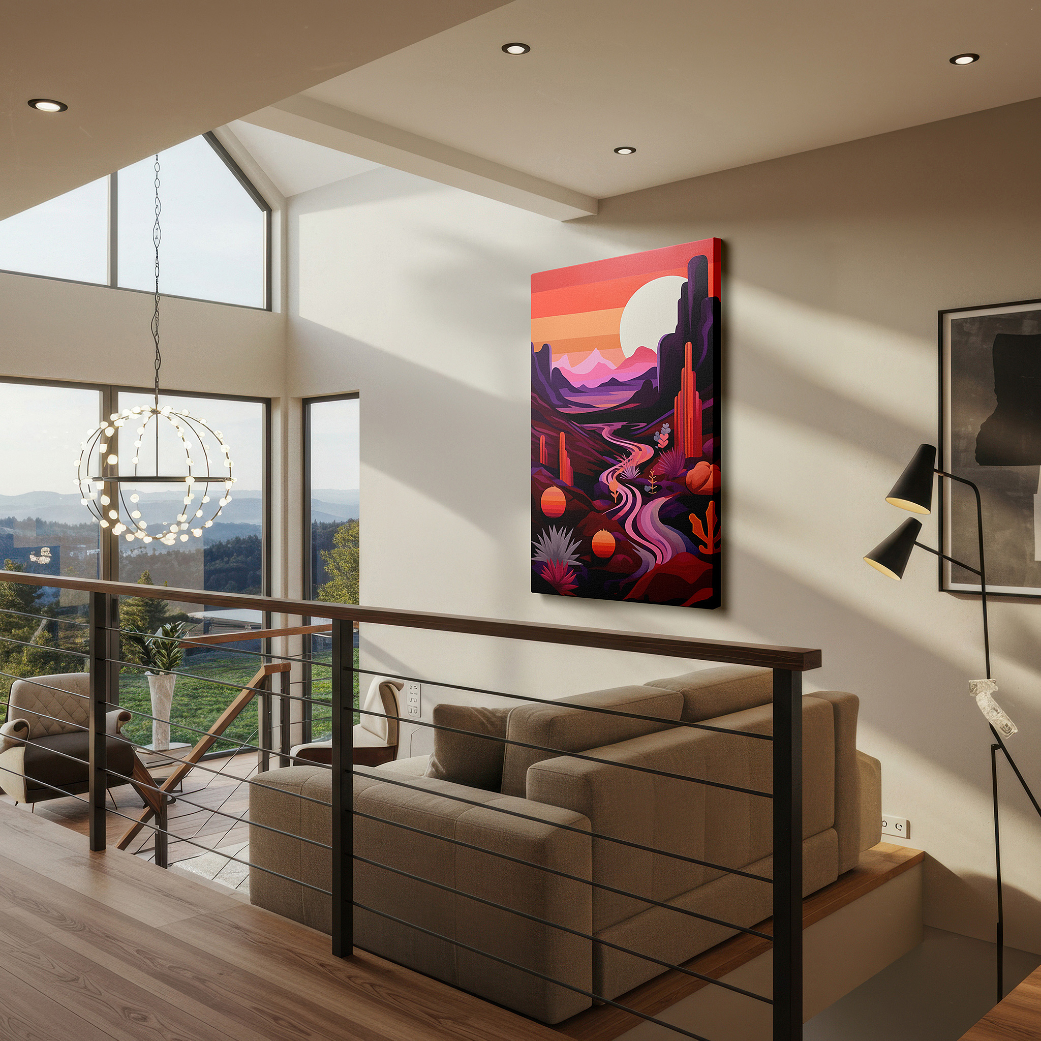 Available in 30×20 cm — a subtle addition to small personal spaces — serene desert oasis canvas wall art featuring a winding river and majestic mountains, perfect for office or bedroom decor