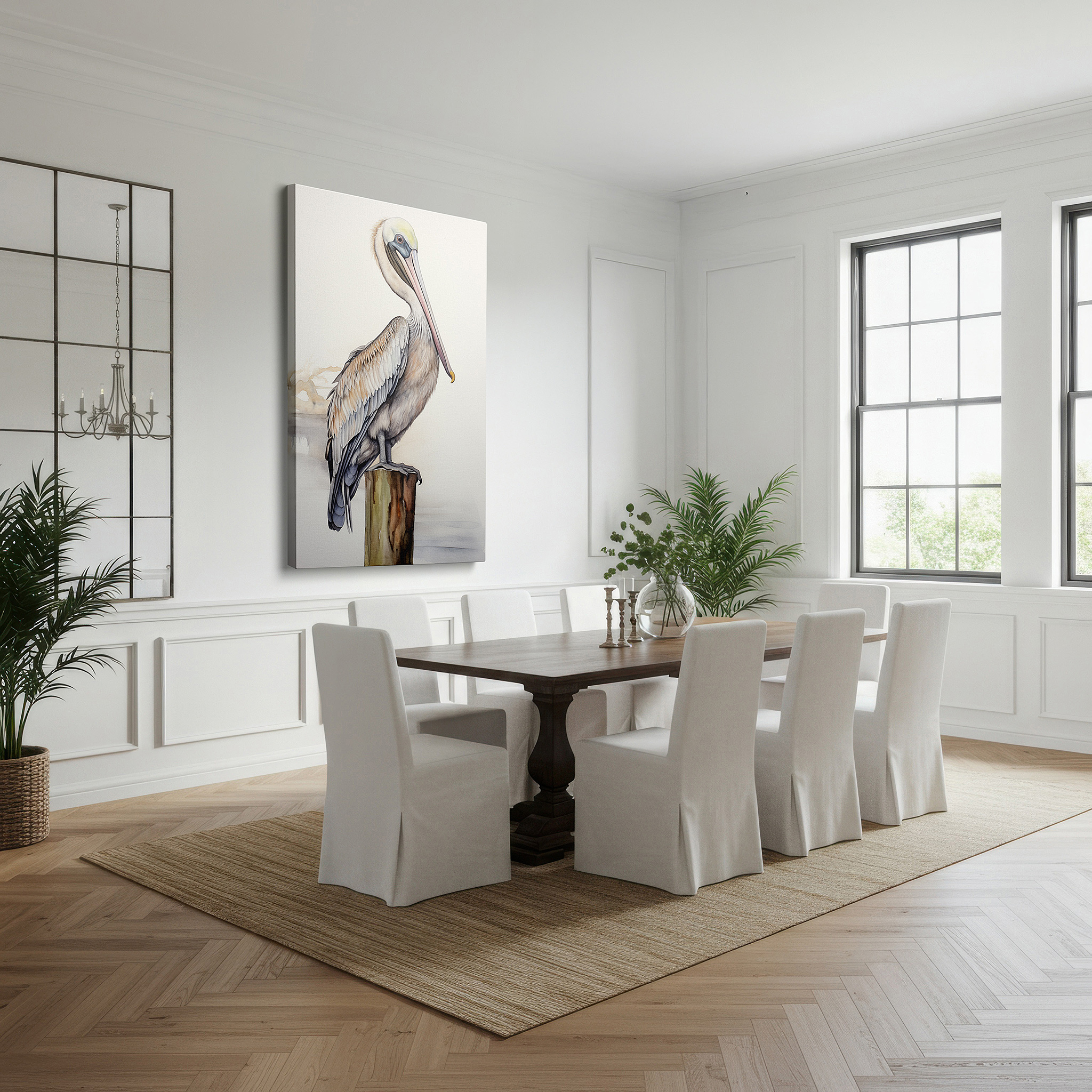 Available in 30×20 cm — a subtle addition to small personal spaces — serene pelican sitting on aged post over calm waters - large canvas wall art for office, bedroom, and living room decor