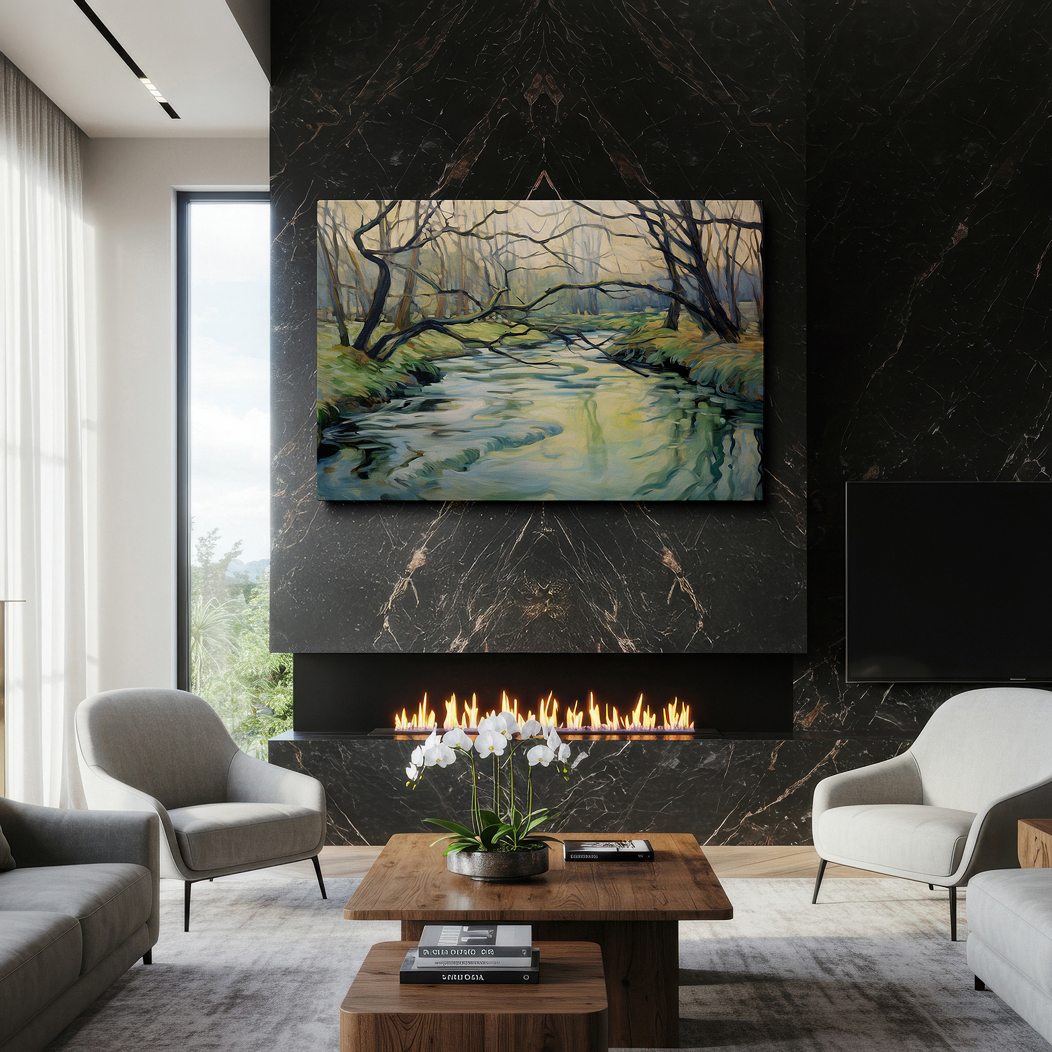 Available in 30×20 cm — a subtle addition to small personal spaces — serene river amidst lush forest, tranquil nature canopy large wall art, canvas wall art, wall decor for office and bedroom