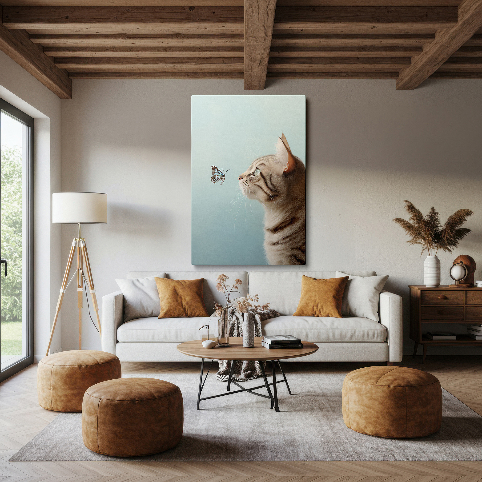 Available in 30×20 cm — a subtle addition to small personal spaces — serene scene of a cat meeting a butterfly in nature large wall art, canvas print, home and office decor