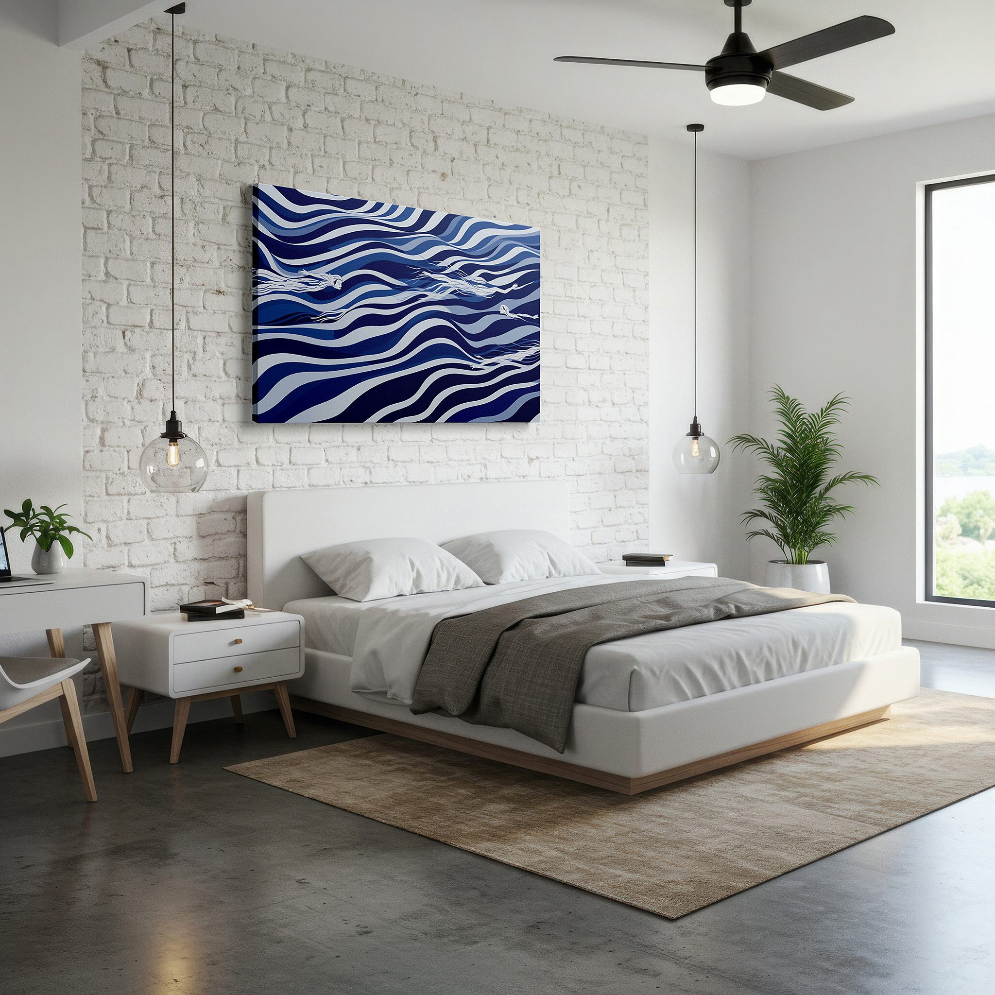 Available in 30×20 cm — a subtle addition to small personal spaces — serene swimmers in blue waves: a tranquil abstract depicting movement and freedom - large wall art, canvas wall art, wall decor for office and bedroom