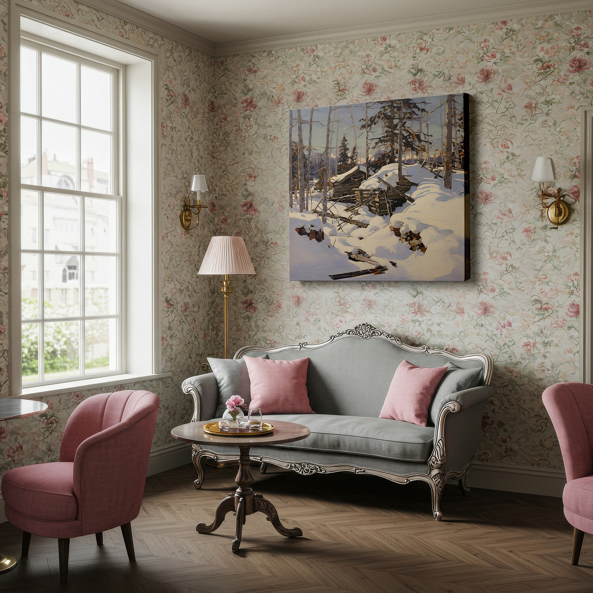 Available in 30×20 cm — a subtle addition to small personal spaces — snow-covered cabins in a quiet forest - a mysterious winter scene of desertion and nature's endurance, large wall art, canvas wall art, wall art