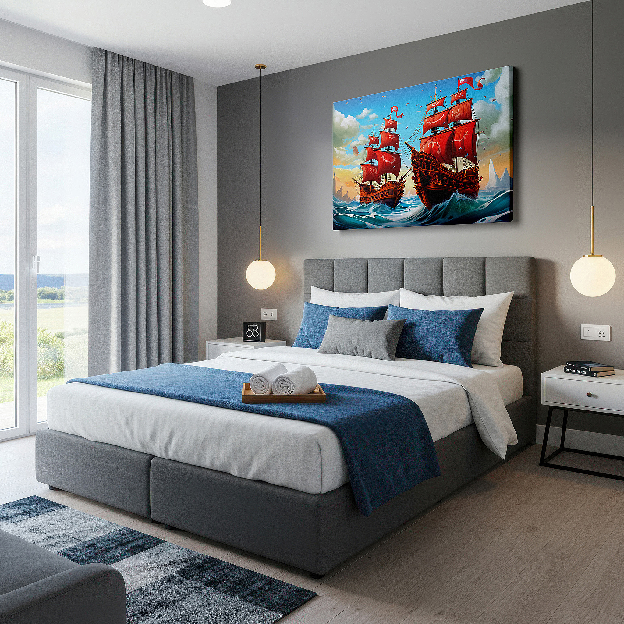 Available in 30×20 cm — a subtle addition to small personal spaces — stormy seas and red-sailed pirate ships large canvas wall art for office and bedroom decor