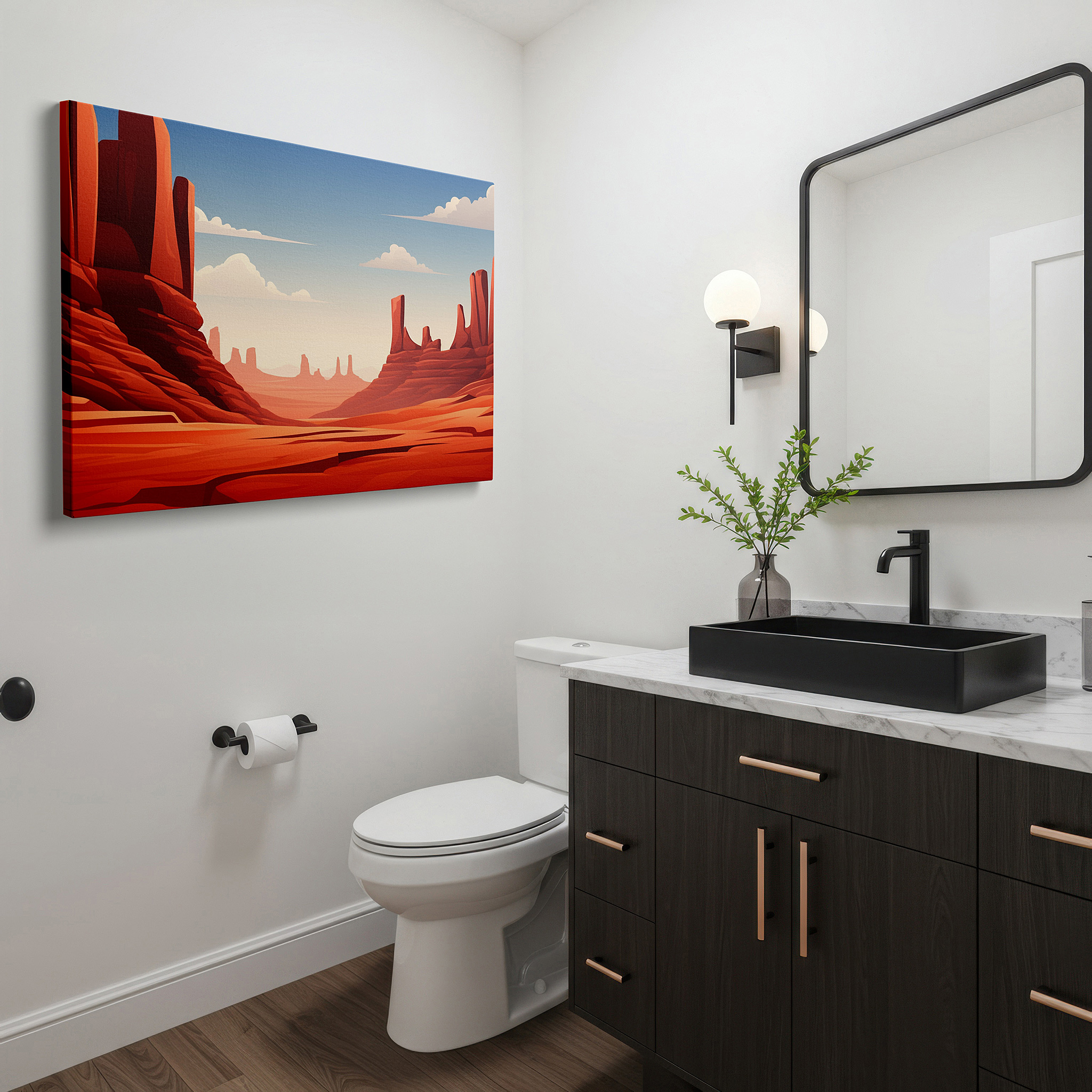 Available in 30×20 cm — a subtle addition to small personal spaces — stunning southwest american desert scenery featuring classic red rock structures, large canvas wall art for home and office decor