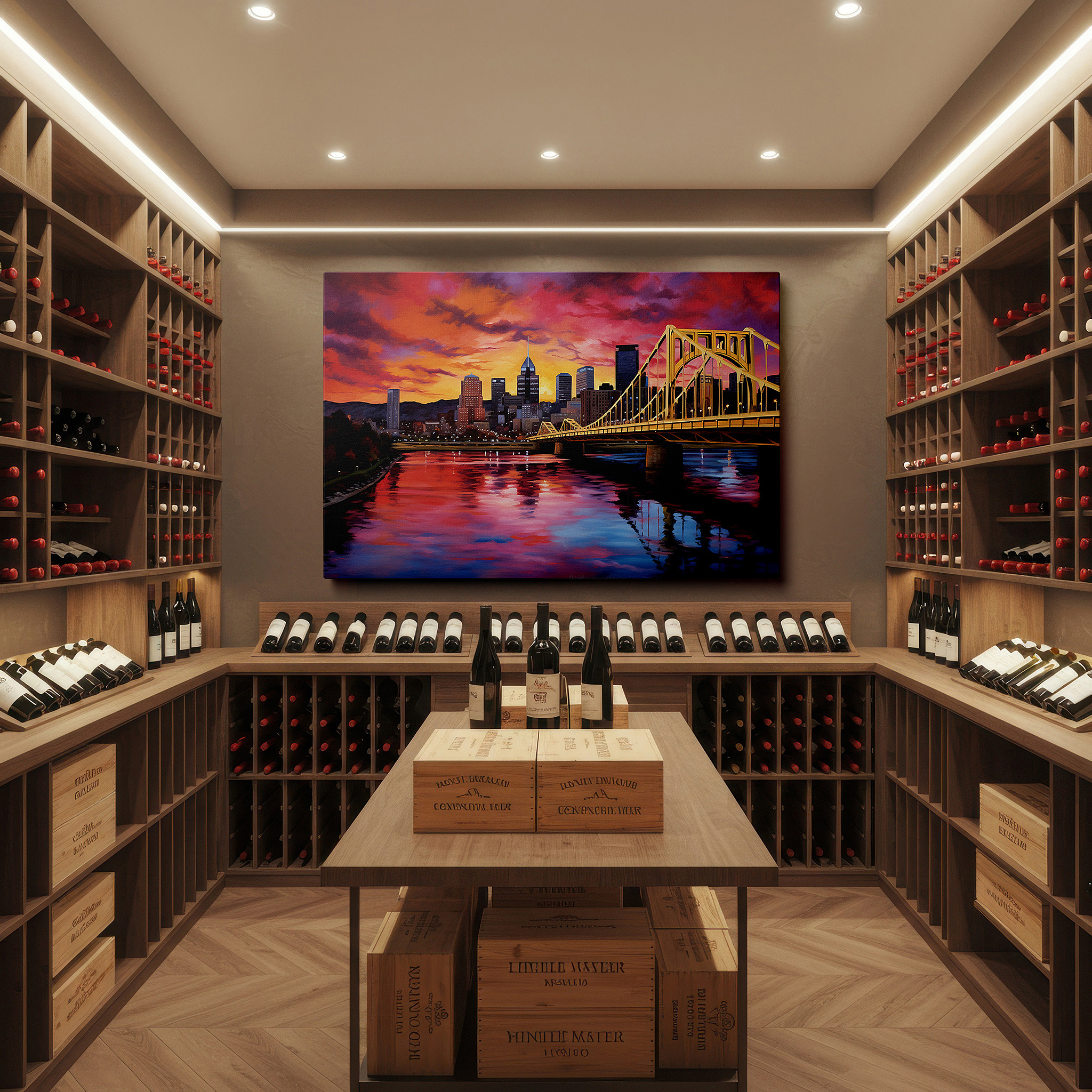 Available in 30×20 cm — a subtle addition to small personal spaces — sunset bridge and city skyline - celebrating urban spirit and architectural elegance large wall art, canvas wall art, wall decor, office wall art