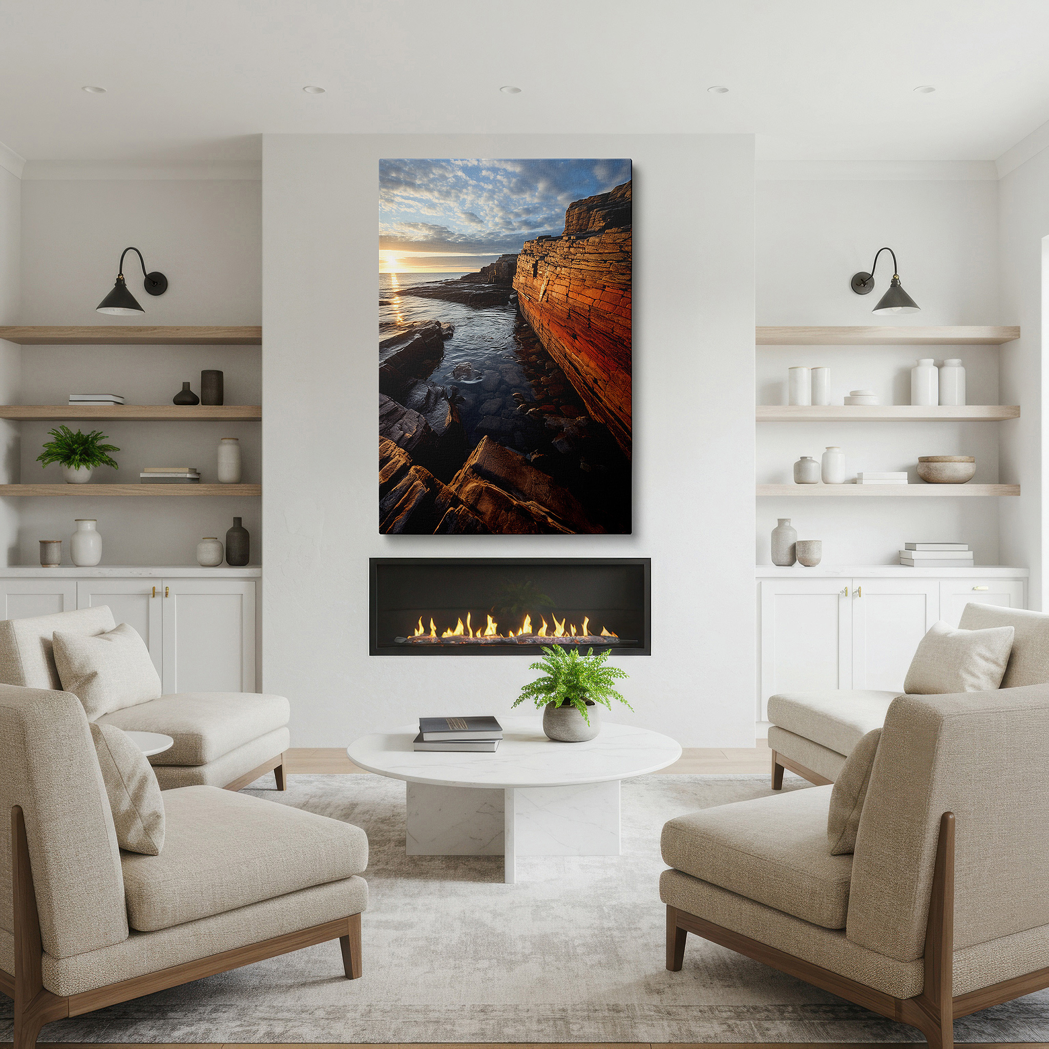 Available in 30×20 cm — a subtle addition to small personal spaces — sunset serenade wall art: majestic cliffs and serene waters - large canvas for office or bedroom decor