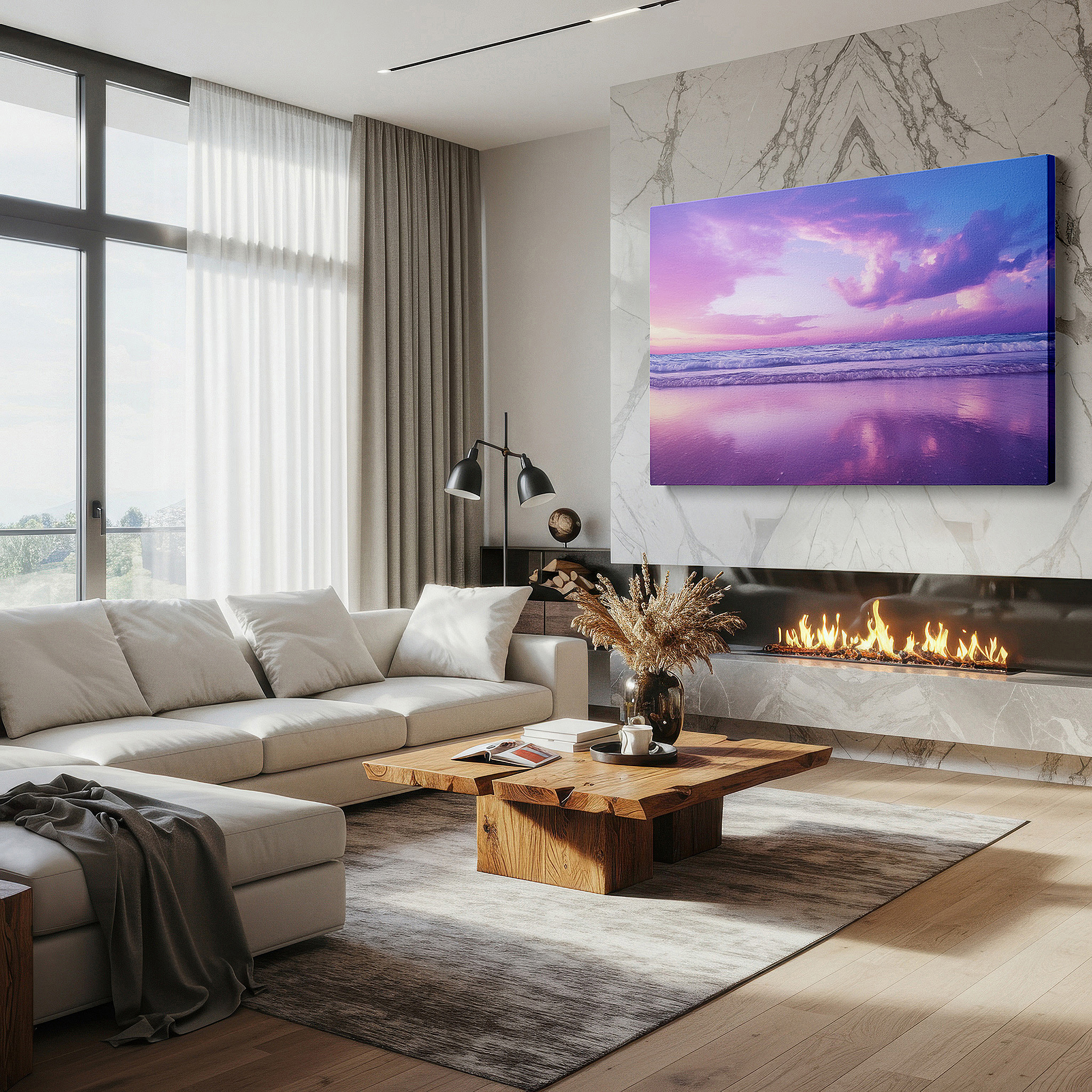 Available in 30×20 cm — a subtle addition to small personal spaces — sunset symphony in pink and purple: tranquil ocean reflections large wall art, canvas decor for office and bedroom
