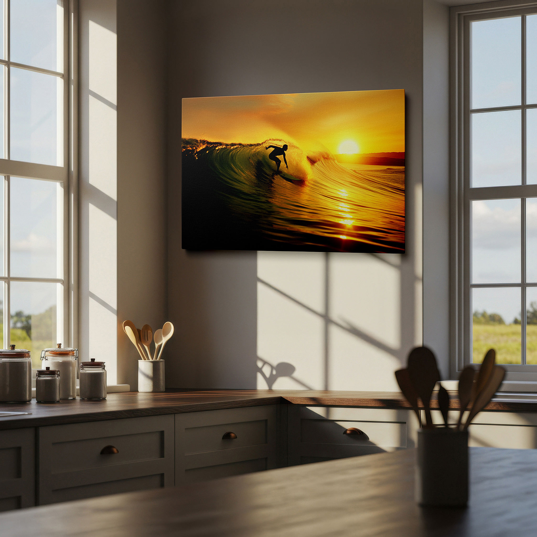 Available in 30×20 cm — a subtle addition to small personal spaces — surfing at sunset wall art: a masterful display of skill and nature's beauty - large canvas for home and office decor, perfect for living room and bedroom