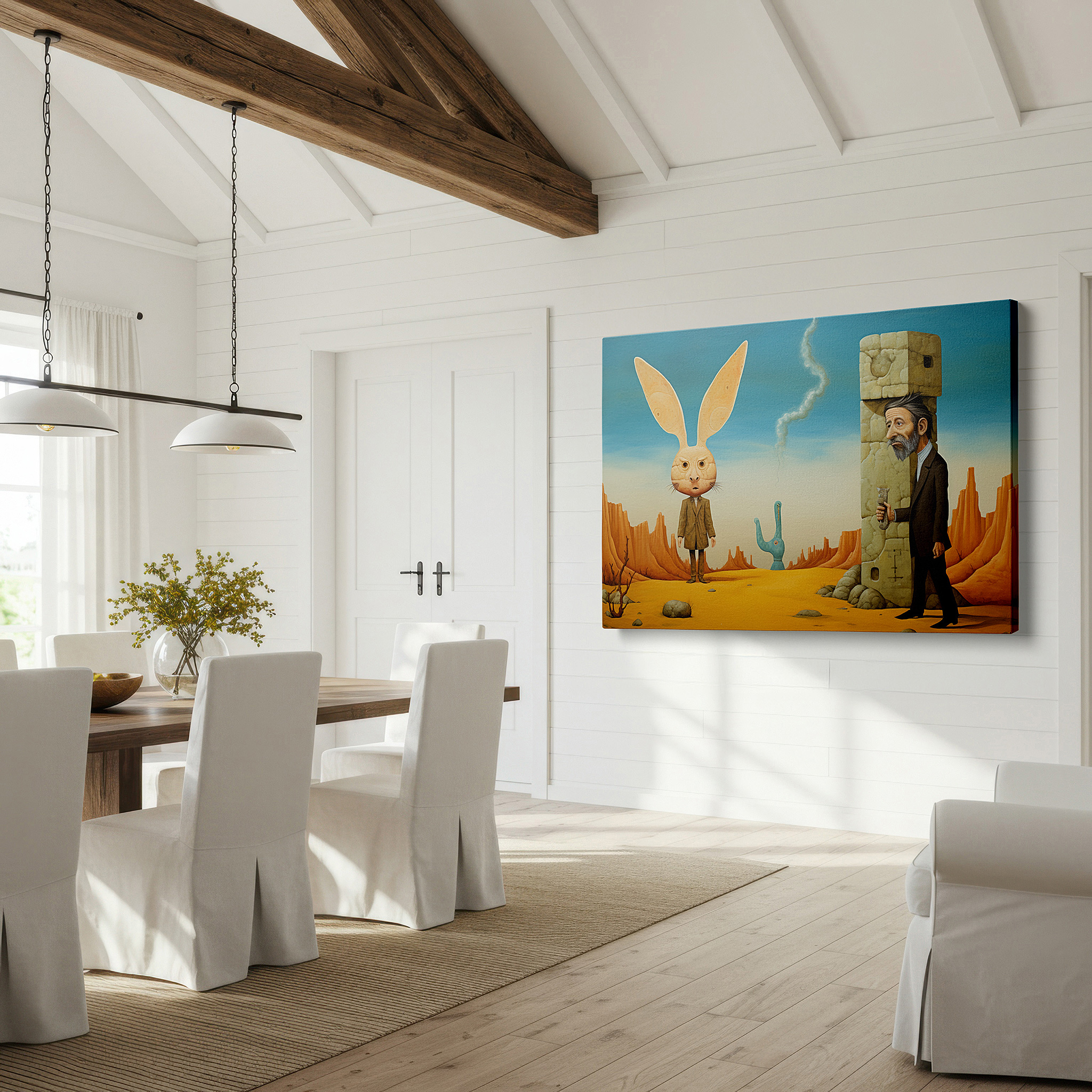 Available in 30×20 cm — a subtle addition to small personal spaces — surreal desert scene featuring human-like rabbits and people, large canvas wall art for home and office decor
