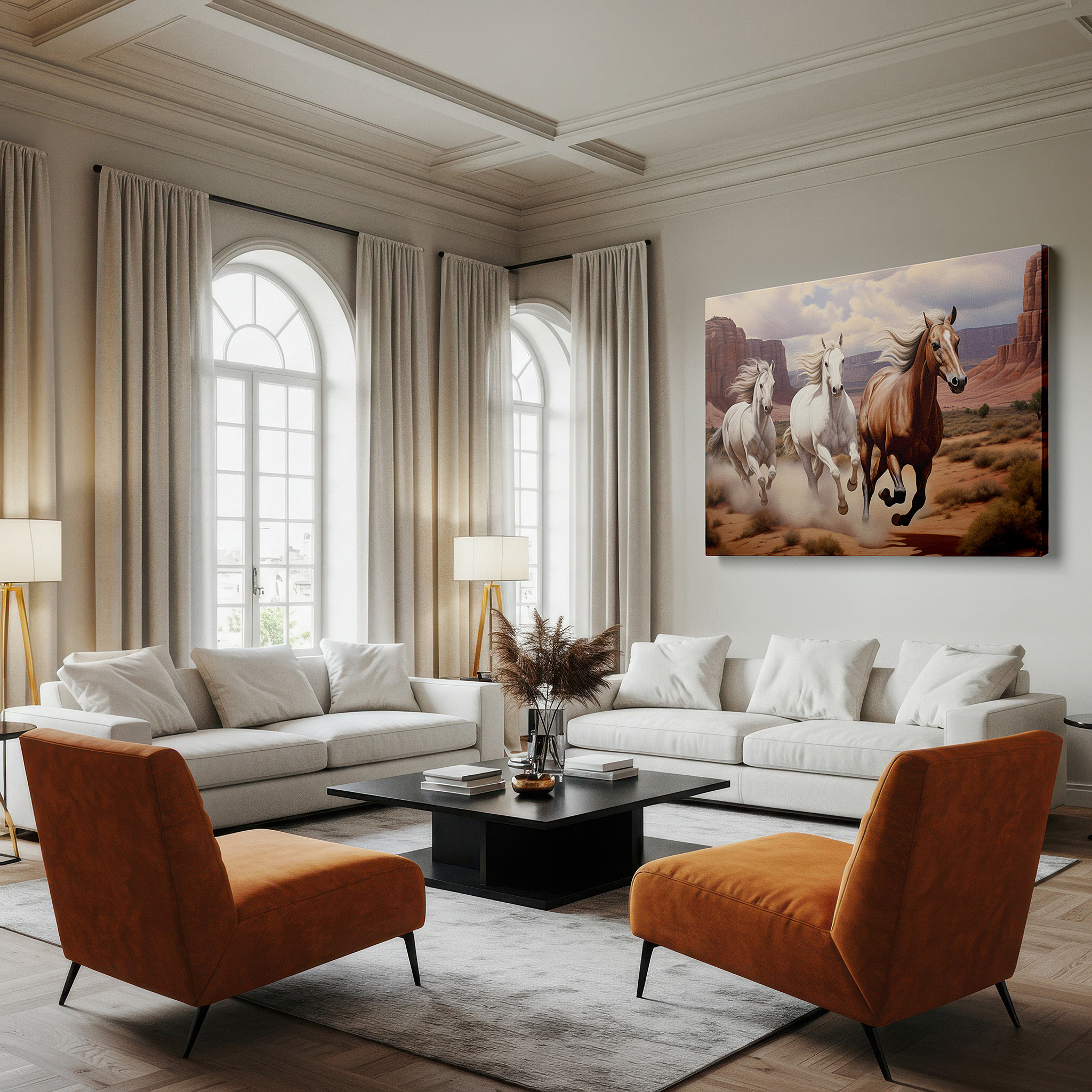 Available in 30×20 cm — a subtle addition to small personal spaces — three horses galloping across desert landscape beneath stunning red rocks and blue sky, large canvas wall art for office decor