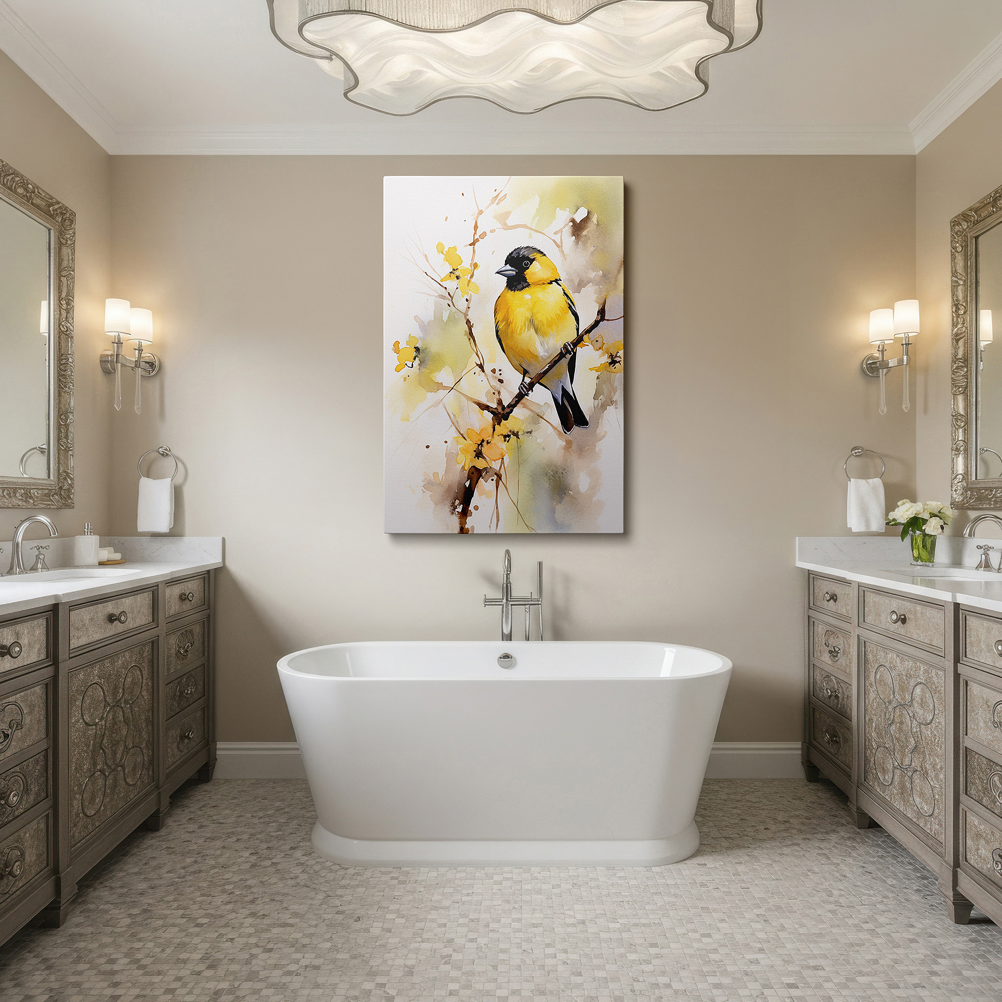 Available in 30×20 cm — a subtle addition to small personal spaces — tranquil dawn light featuring serene yellow bird on blossoming branch - large canvas wall art for office decor