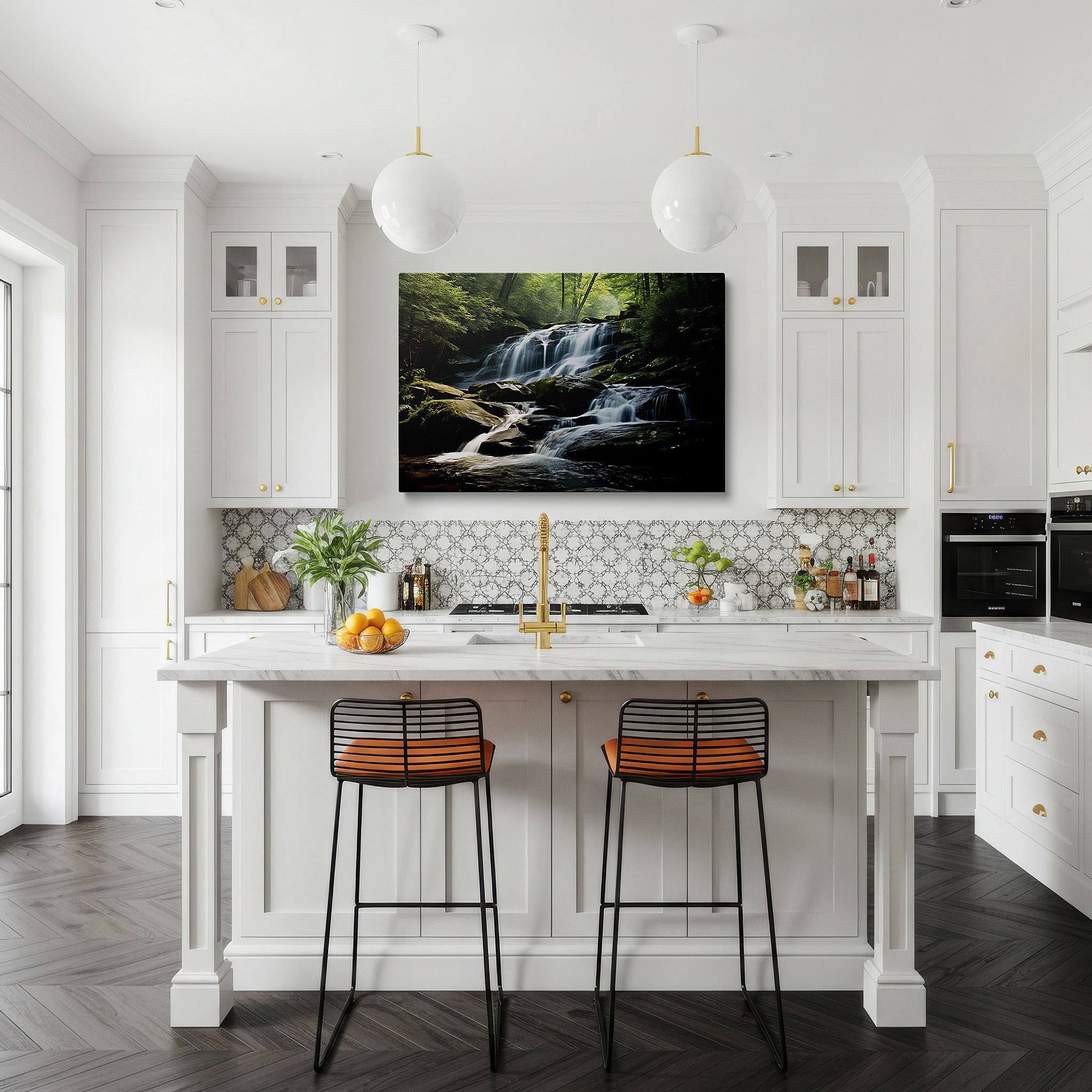 Available in 30×20 cm — a subtle addition to small personal spaces — tranquil waterfall oasis wall art: large canvas print for office, bedroom, and living room decor, featuring lush forest canopy