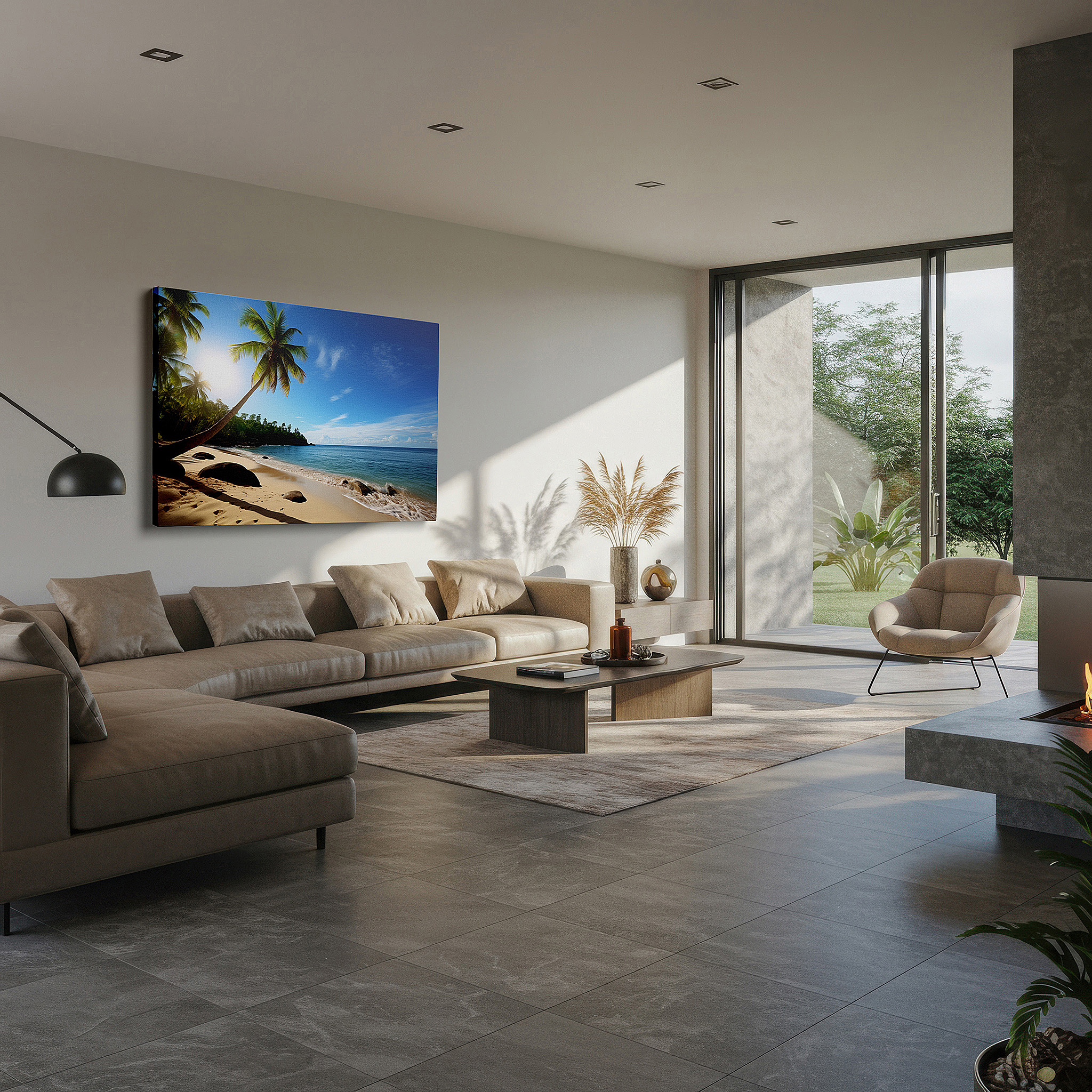Available in 30×20 cm — a subtle addition to small personal spaces — tropical serenity wall art featuring dancing palm fronds and golden sands, large canvas for home and office decor