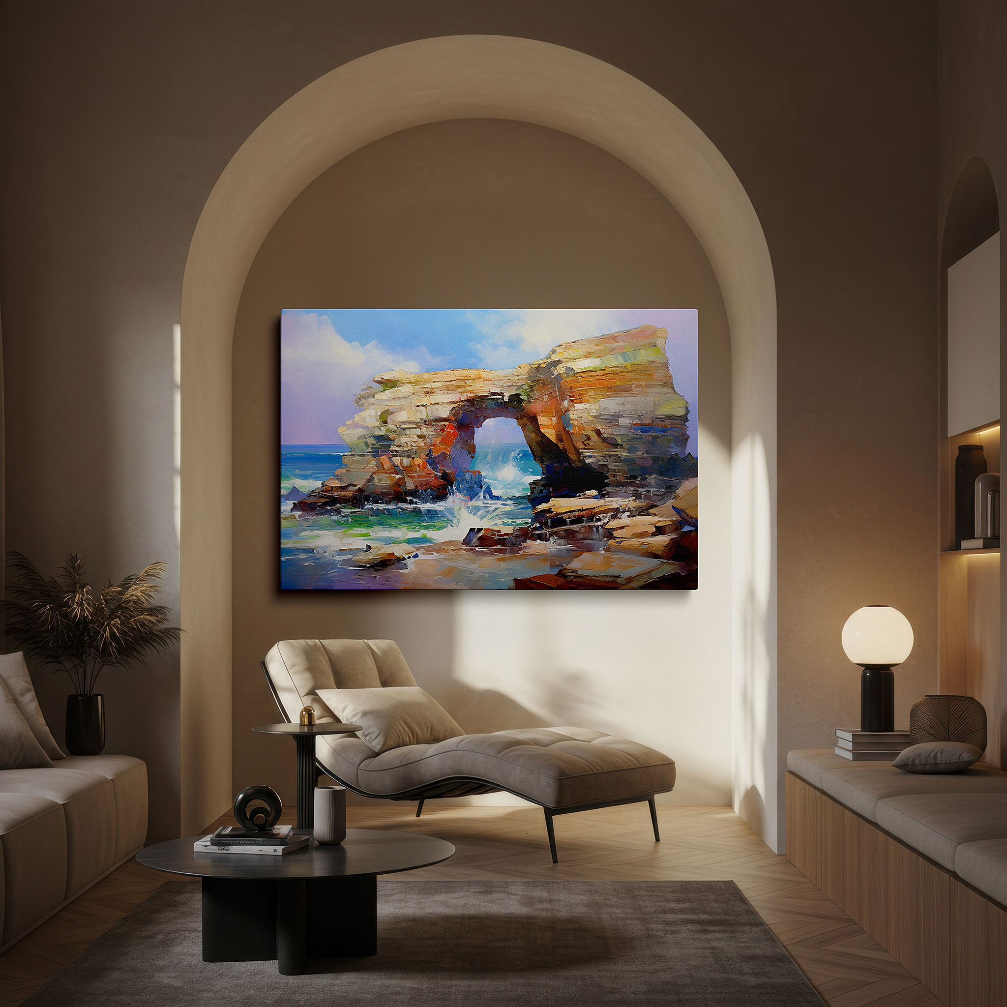 Available in 30×20 cm — a subtle addition to small personal spaces — vibrant coastal cliffs wall art: dynamic light and texture - perfect for office, bedroom, and home decor