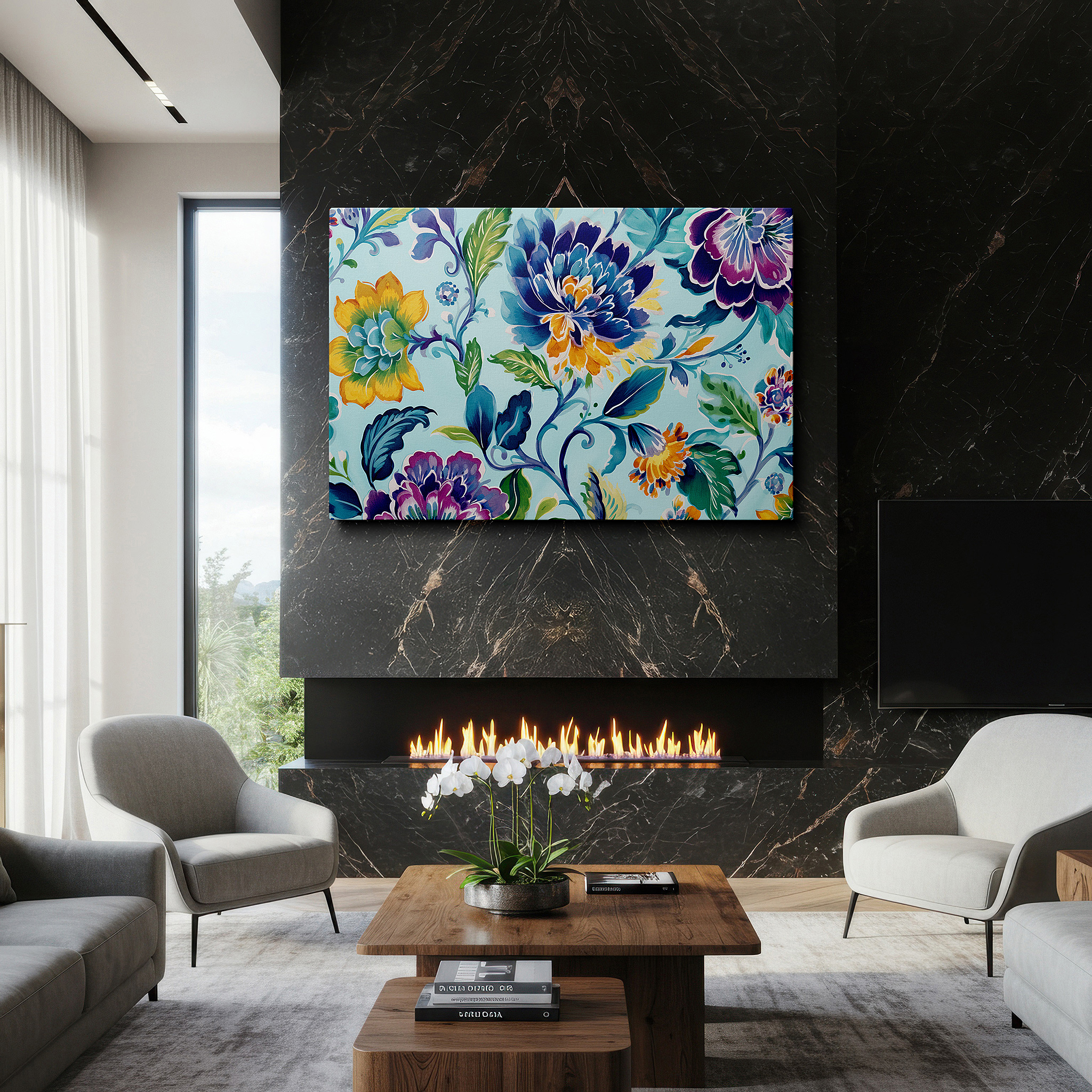 Available in 30×20 cm — a subtle addition to small personal spaces — vibrant floral symphony in blues, yellows, and greens: large canvas wall art for office, bedroom, and living room decor
