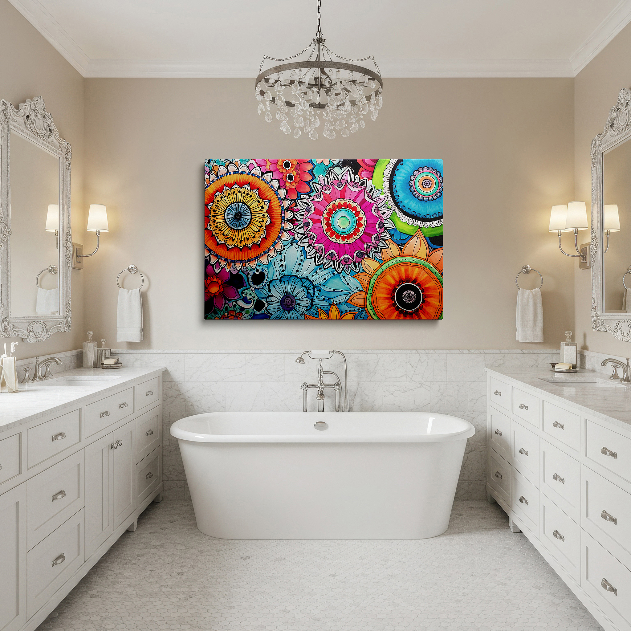 Available in 30×20 cm — a subtle addition to small personal spaces — wall art: celebrating nature and spiritual unity with a vibrant blend of floral realism and mandala symbolism - large canvas wall art for home and office decor
