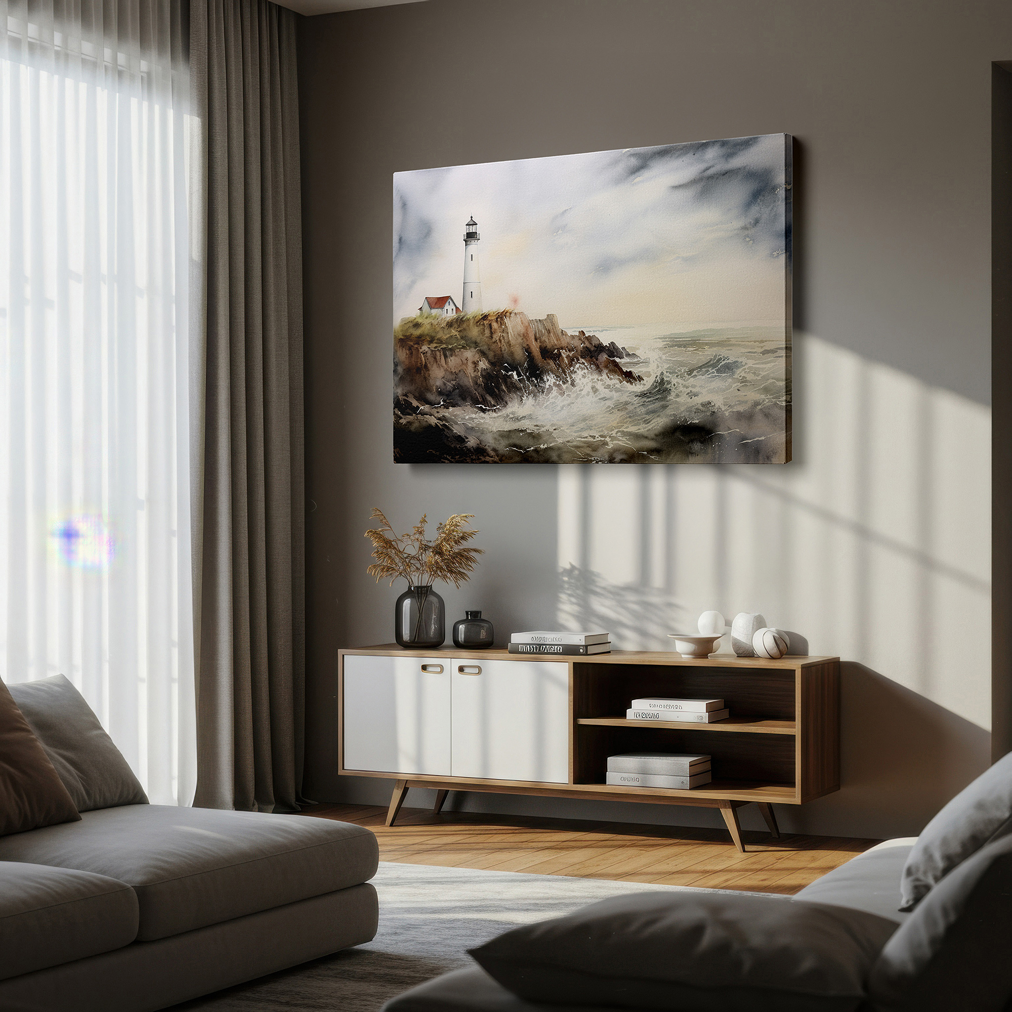 Available in 30×20 cm — a subtle addition to small personal spaces — wall art: majestic lighthouse on rocky cliff - symbolizing strength and hope amidst nature's fury, large canvas wall art for home and office decor