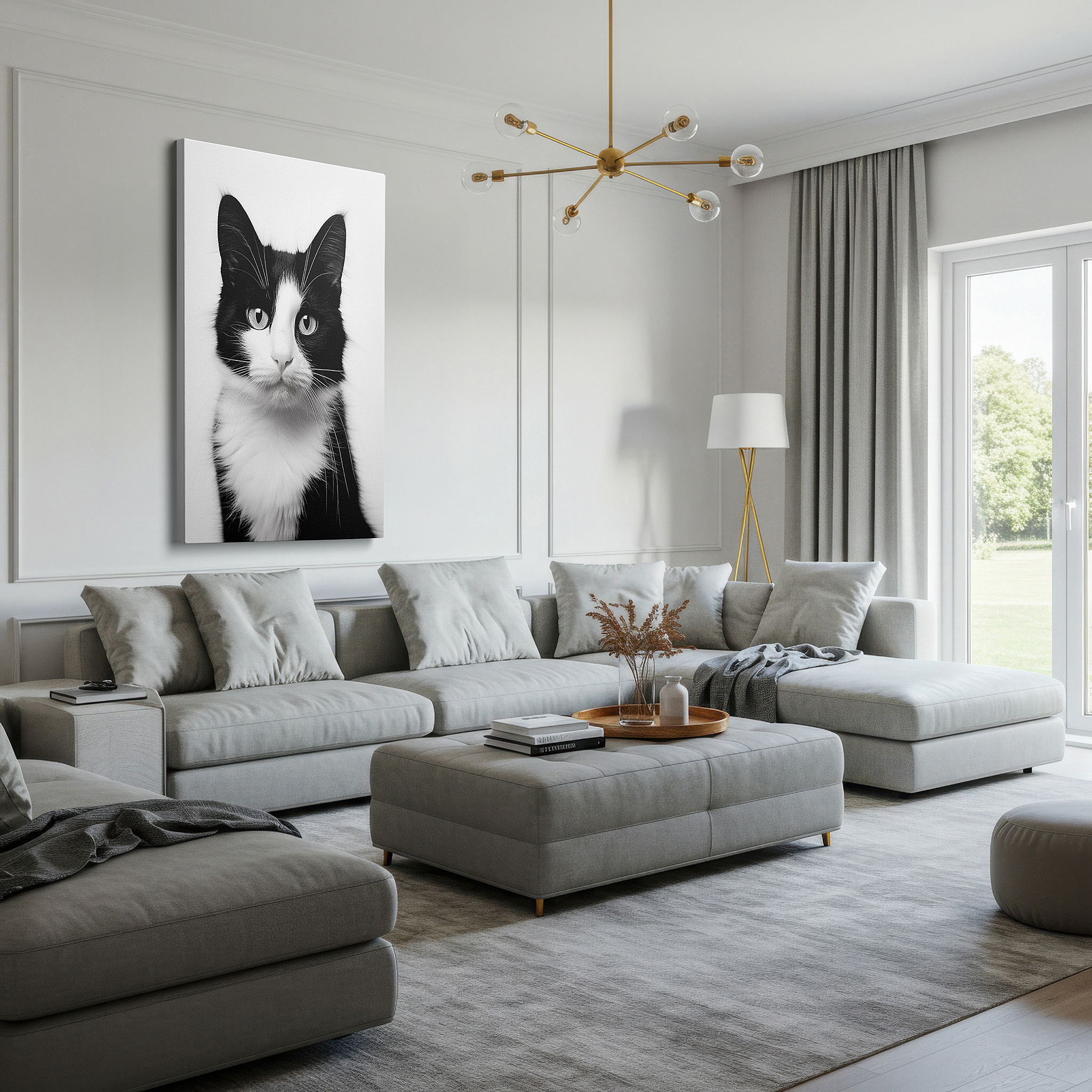 Available in 30×20 cm — a subtle addition to small personal spaces — wall art: mysterious elegance in a monochrome cat portrait - large canvas wall art for office, bedroom, and living room decor