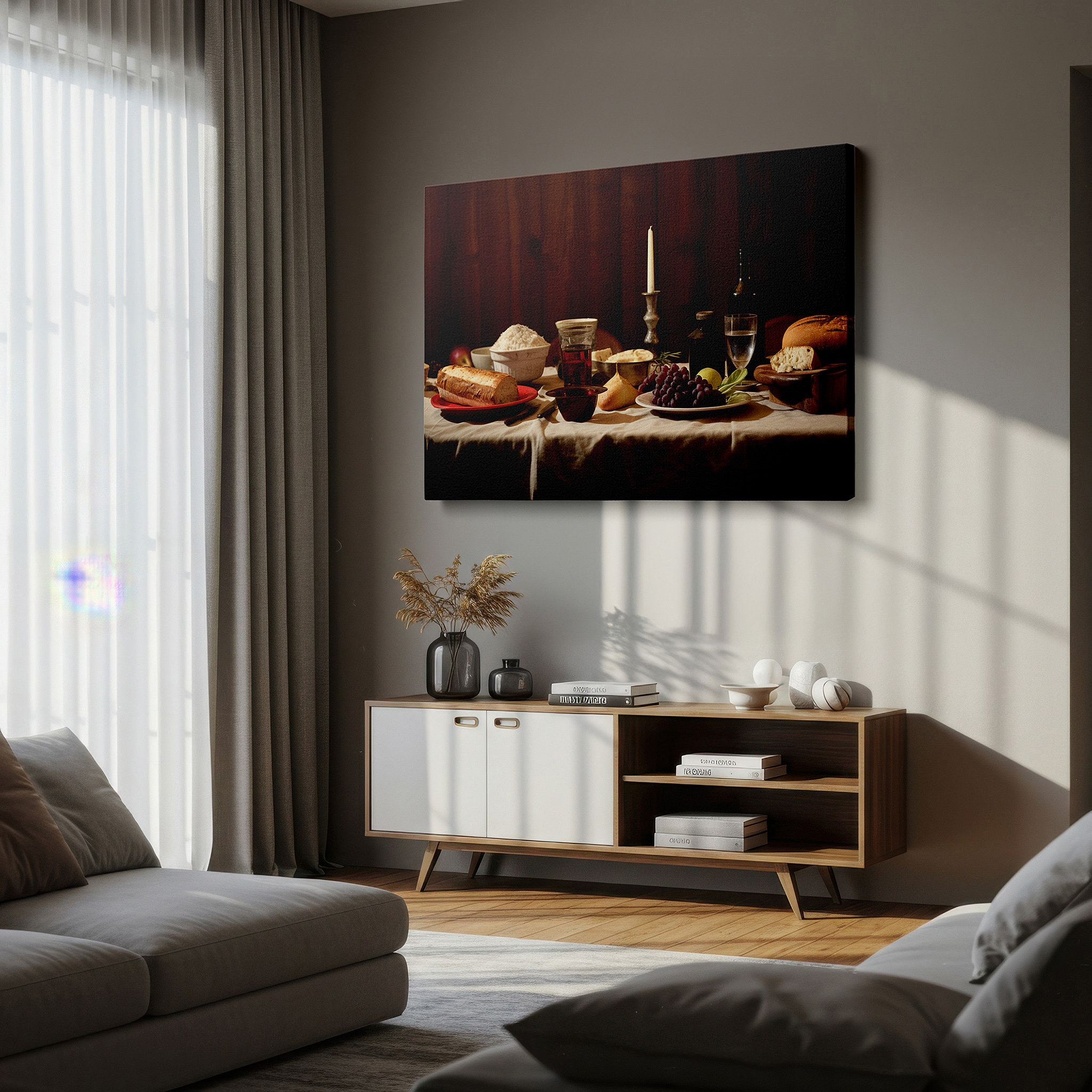 Available in 30×20 cm — a subtle addition to small personal spaces — wall art: a sensory feast featuring golden bread and glowing wine - large canvas wall art for dining rooms, offices, and bedrooms