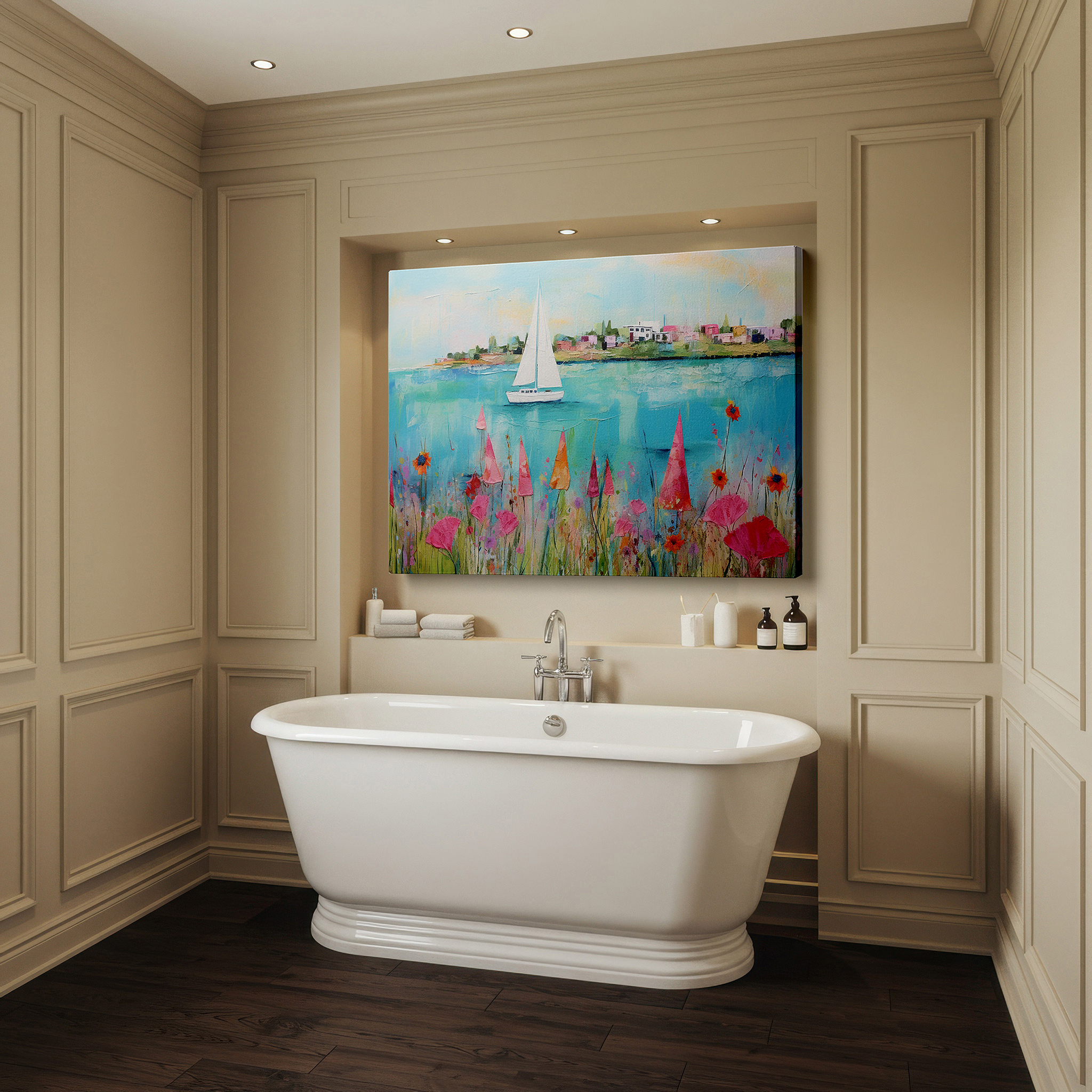 Available in 30×20 cm — a subtle addition to small personal spaces — wall art: serene coastal scene featuring vibrant florals and a tranquil sailboat - large canvas wall art for office, bedroom, and living room decor