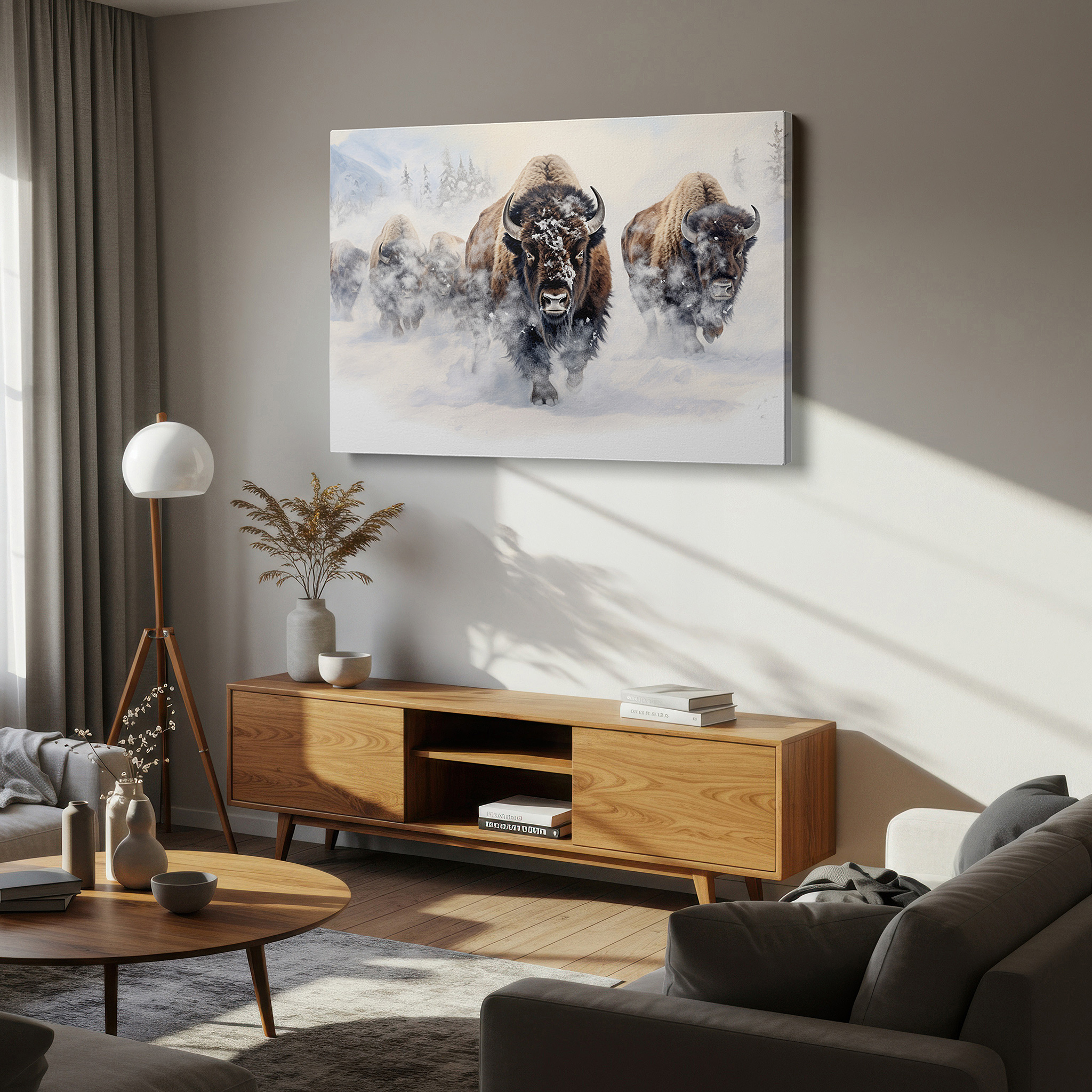 Available in 30×20 cm — a subtle addition to small personal spaces — wall art: serene and mighty bison in a snowy landscape - a peaceful yet commanding nature scene for large wall art, canvas wall art, wall art decor, office wall art, bedroom wall
