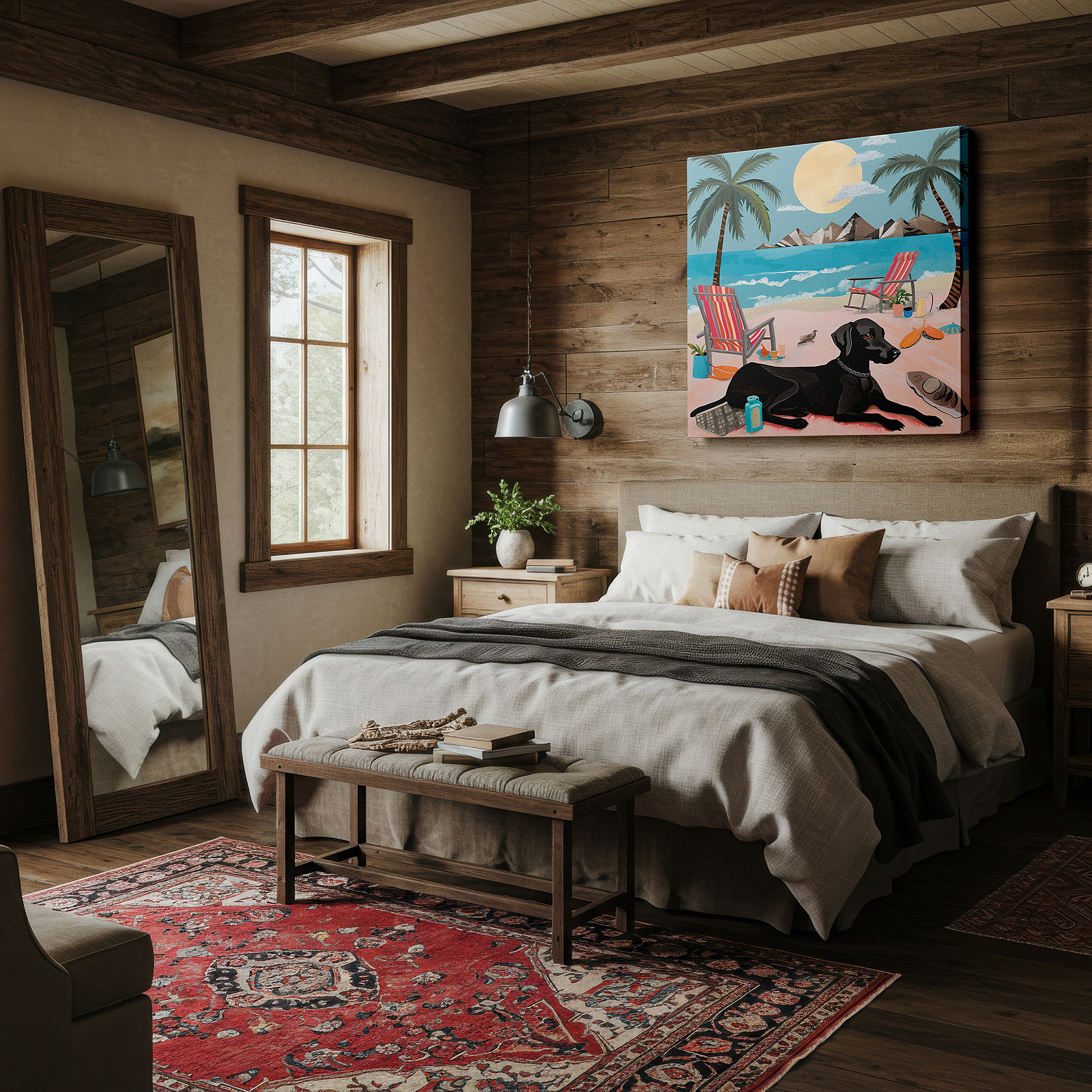 Available in 30×20 cm — a subtle addition to small personal spaces — wall art: tranquil beach landscape featuring a black dog among palms and gentle sands - large canvas wall art for home and office decor, perfect for living room and bedroom