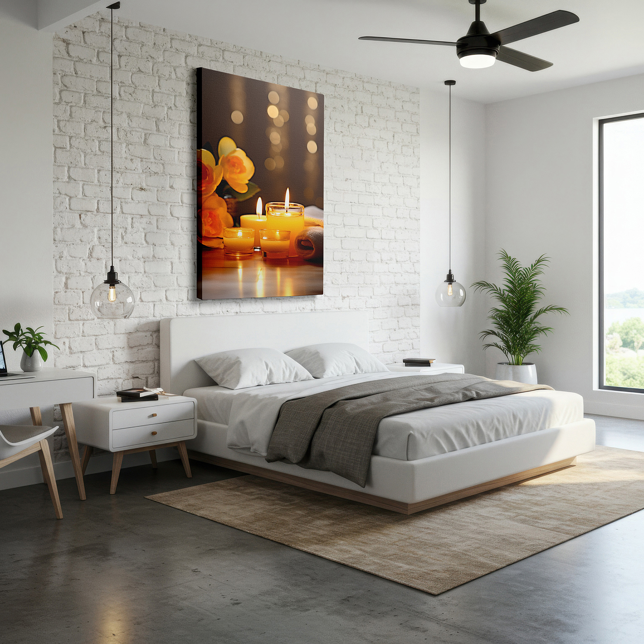 Available in 30×20 cm — a subtle addition to small personal spaces — wall decor: a harmonious display of yellow blooms and soft candlelight, capturing serenity and happiness. ideal for living room, office, or bedroom.