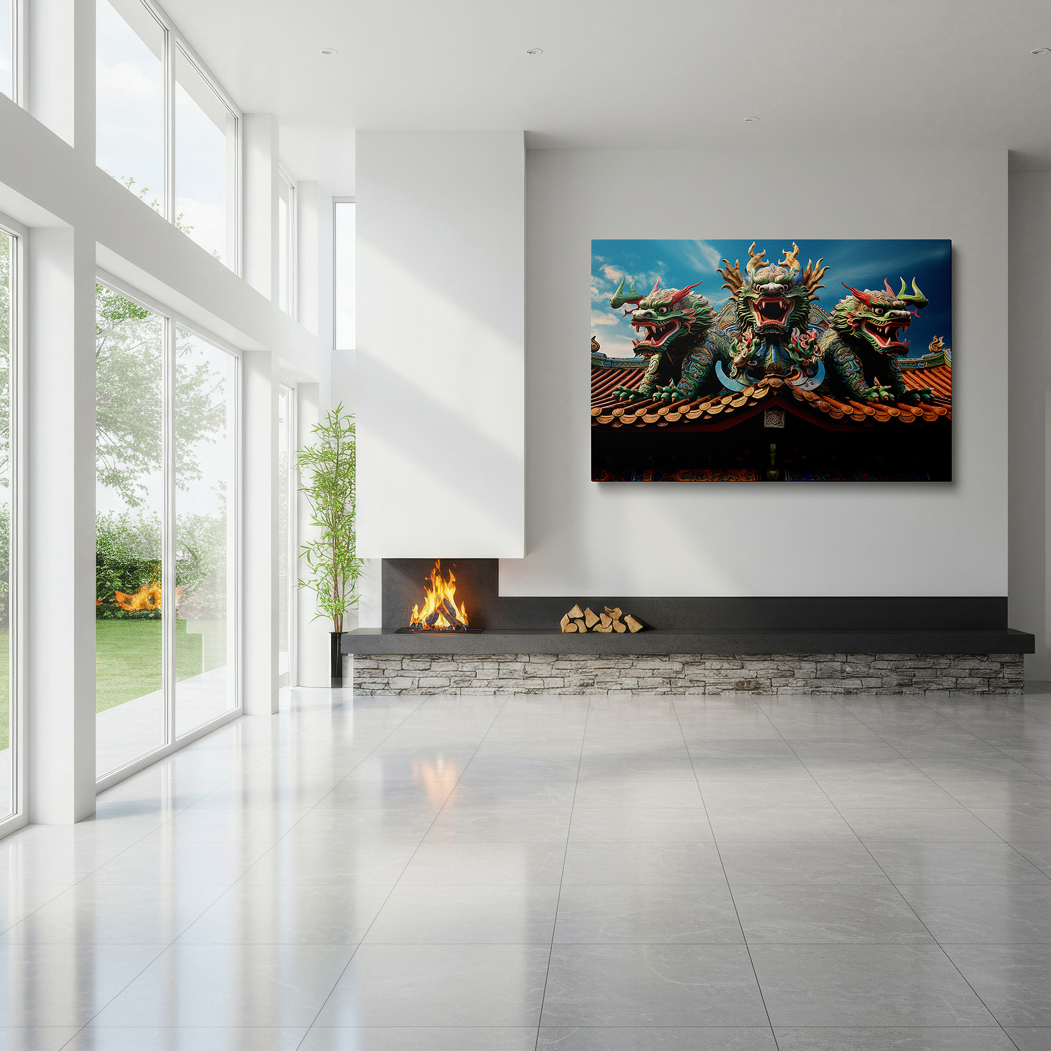Available in 30×20 cm — a subtle addition to small personal spaces — wall decor: majestic dragons overseeing the temple roof, a fusion of artistic expression and timeless wisdom - large canvas art for office walls