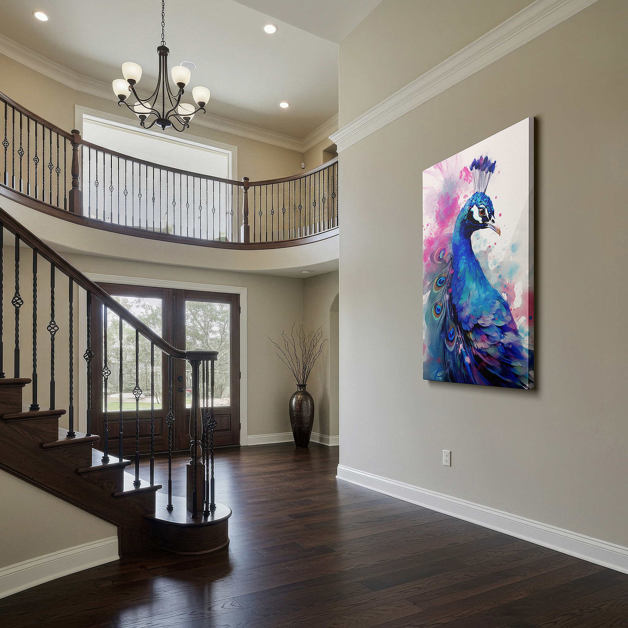 Back view reveals professional finishing and solid wood frame — abstract and colorful peacock, large canvas wall art, office decor