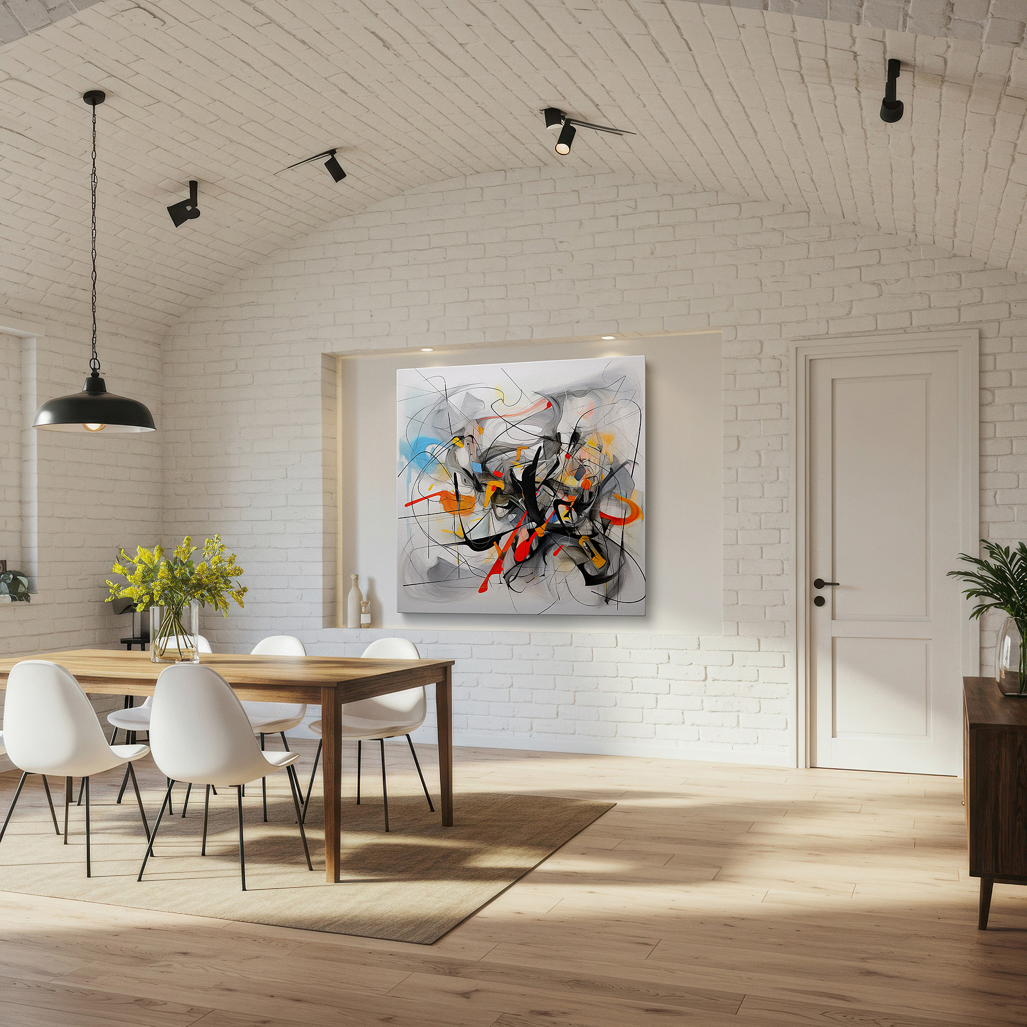 Back view reveals professional finishing and solid wood frame — abstract design symphony: colorful and dynamic large wall art for offices, bedrooms, and living rooms