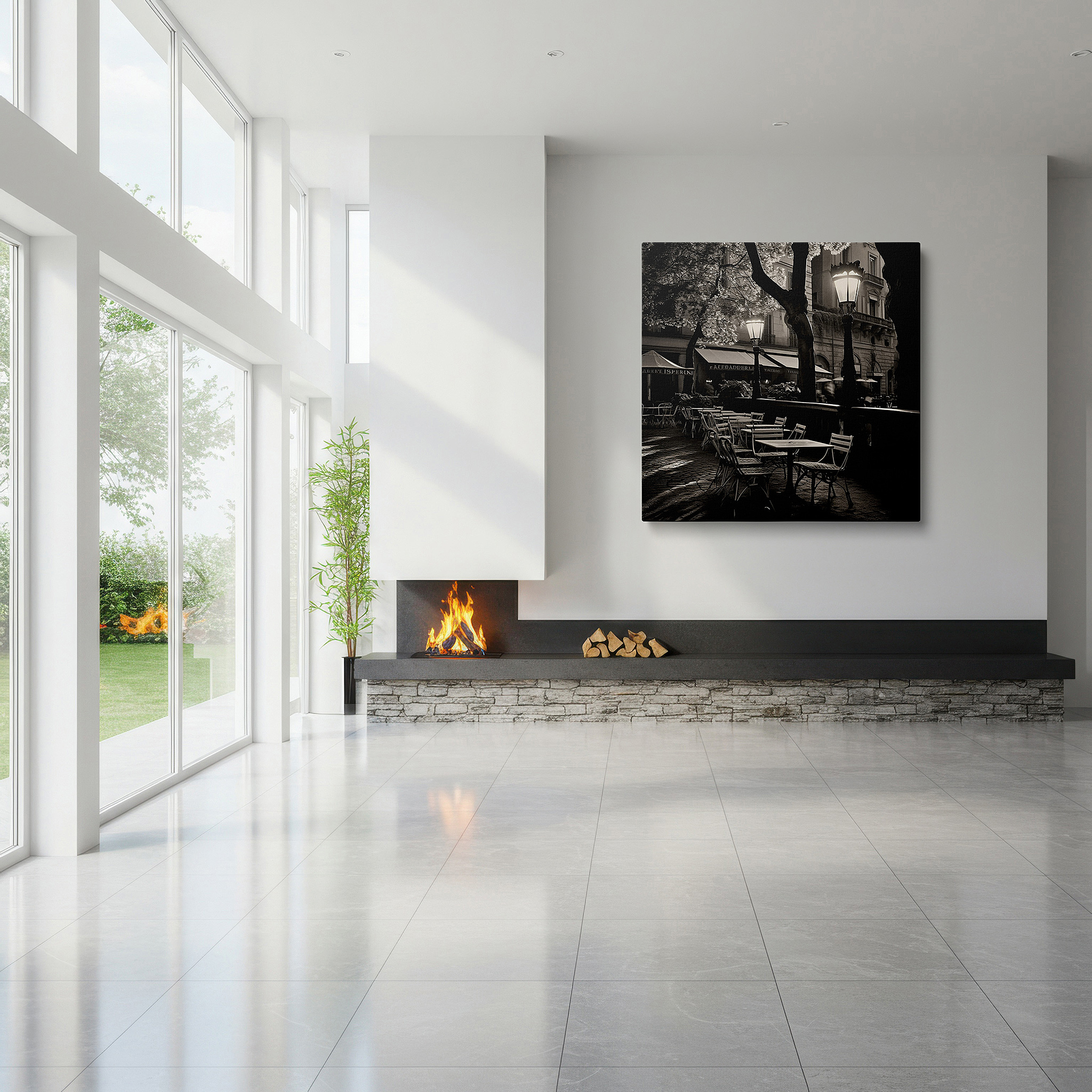 Back view reveals professional finishing and solid wood frame — black and white café terrace wall art: timeless elegance under majestic trees - large canvas for home and office decor