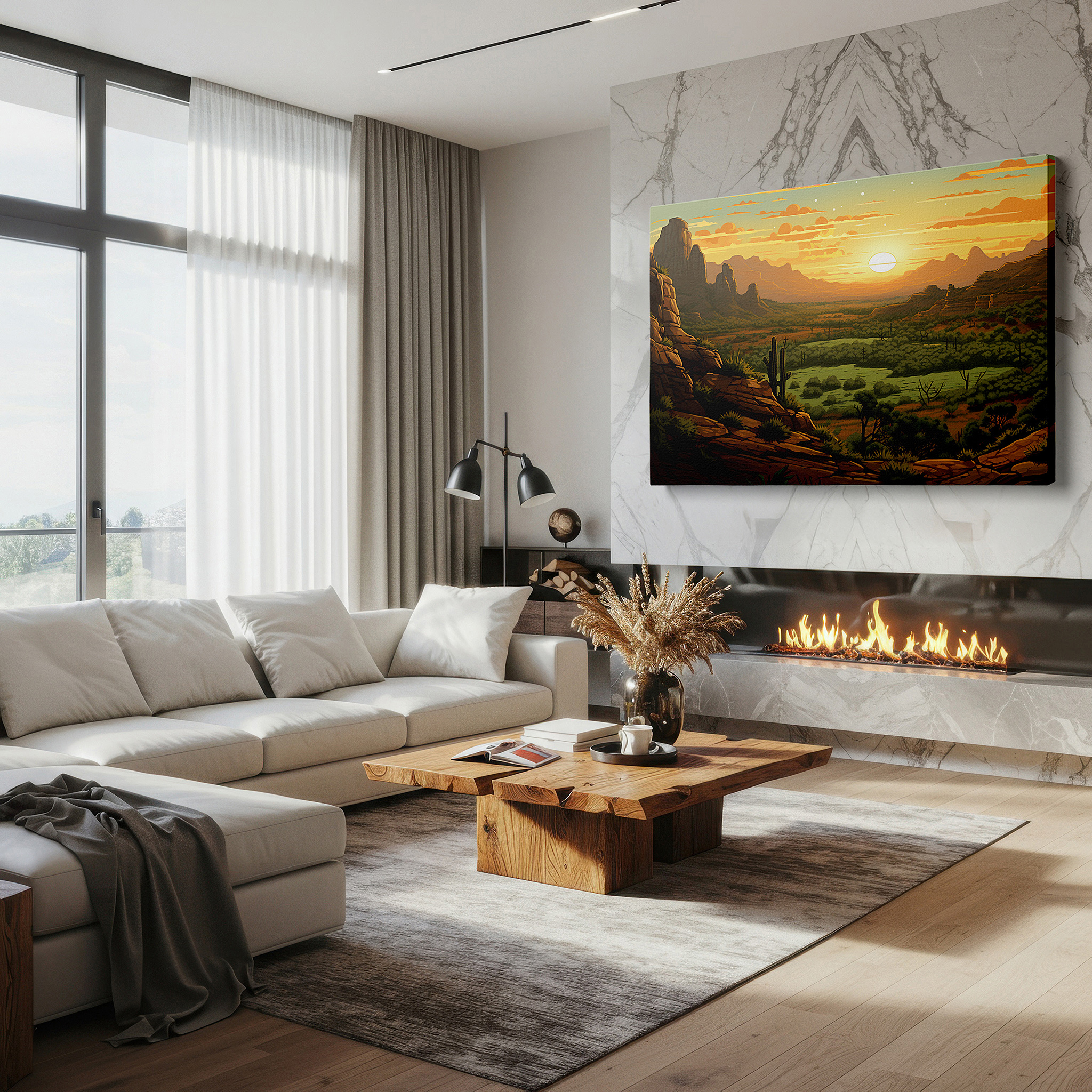 Back view reveals professional finishing and solid wood frame — desert sunset and cactus silhouettes against a fiery sky, large canvas wall art for office and bedroom decor