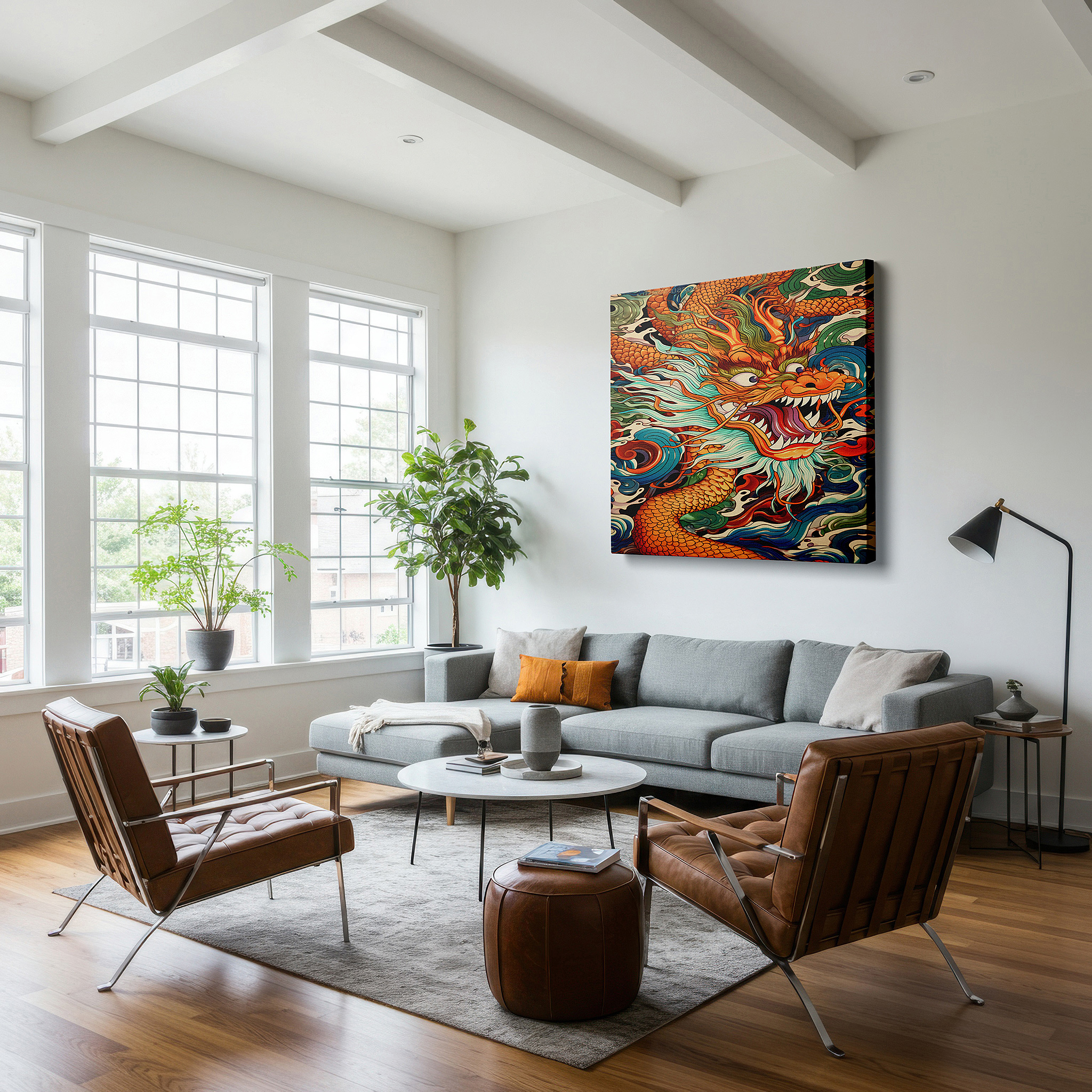 Back view reveals professional finishing and solid wood frame — dragon amidst dynamic waves: a vivid expression of myth and power - large canvas wall art for office and bedroom decor