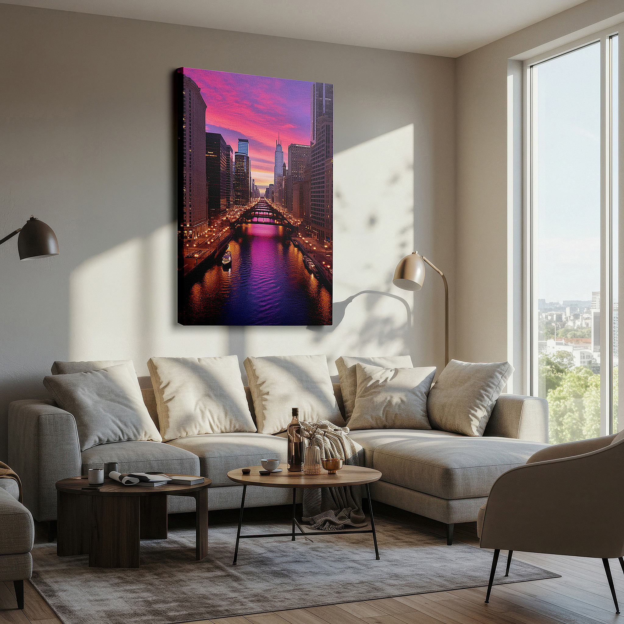 Back view reveals professional finishing and solid wood frame — dynamic sunset and skyline reflections over the chicago river - large canvas wall art for office decor