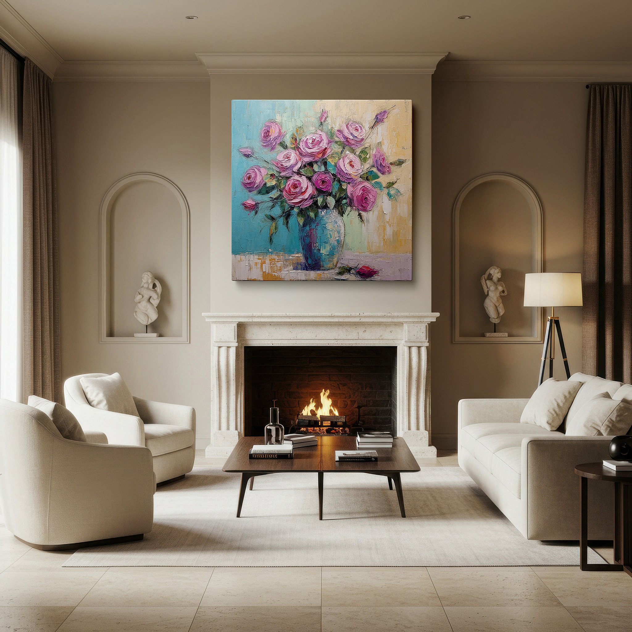 Back view reveals professional finishing and solid wood frame — elegant pink roses in a crafted vase with dreamlike abstract background - large canvas wall art for office and bedroom decor