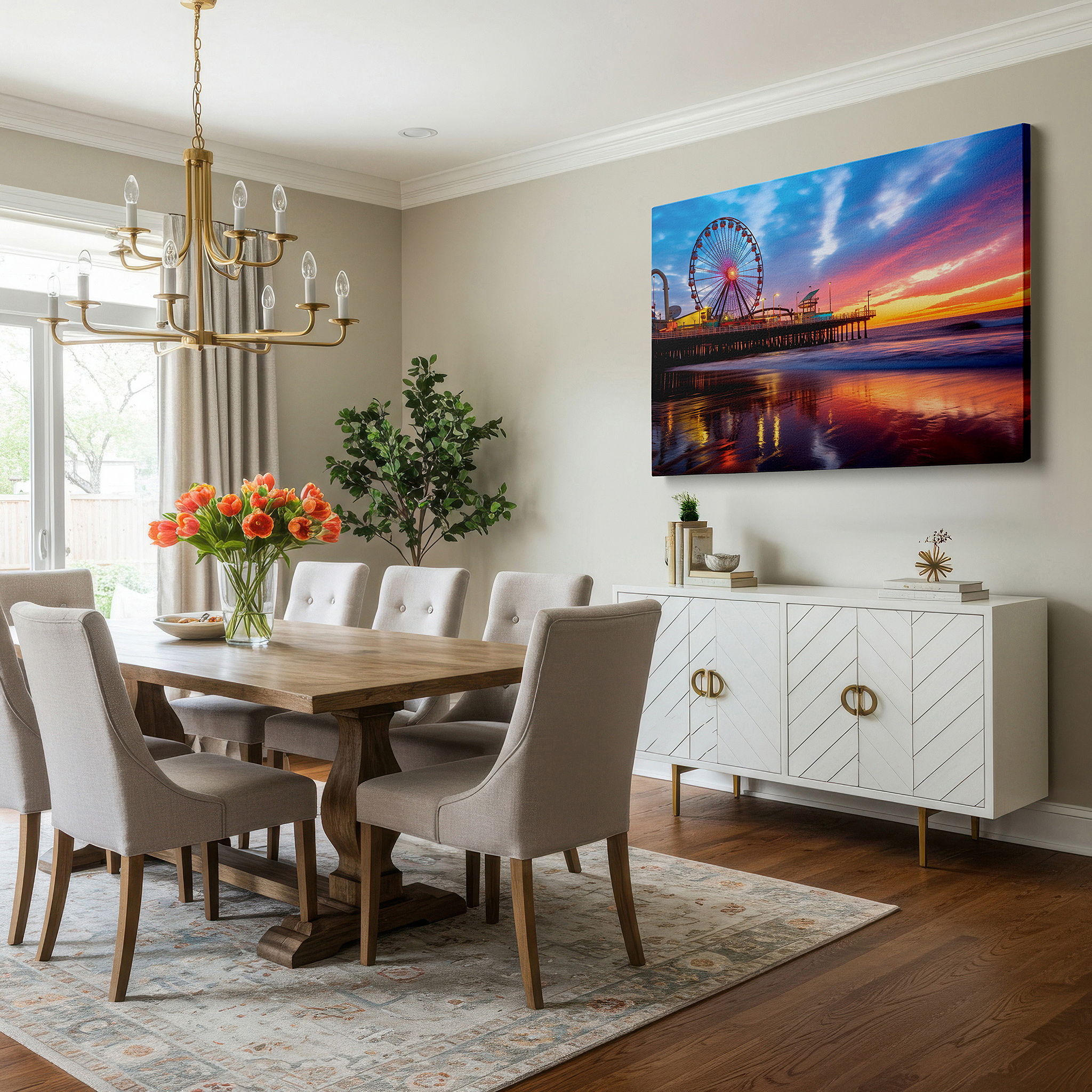 Back view reveals professional finishing and solid wood frame — enchanted ferris wheel at sunset: a spectacle of lights and reflections - large canvas wall art for home and office decor