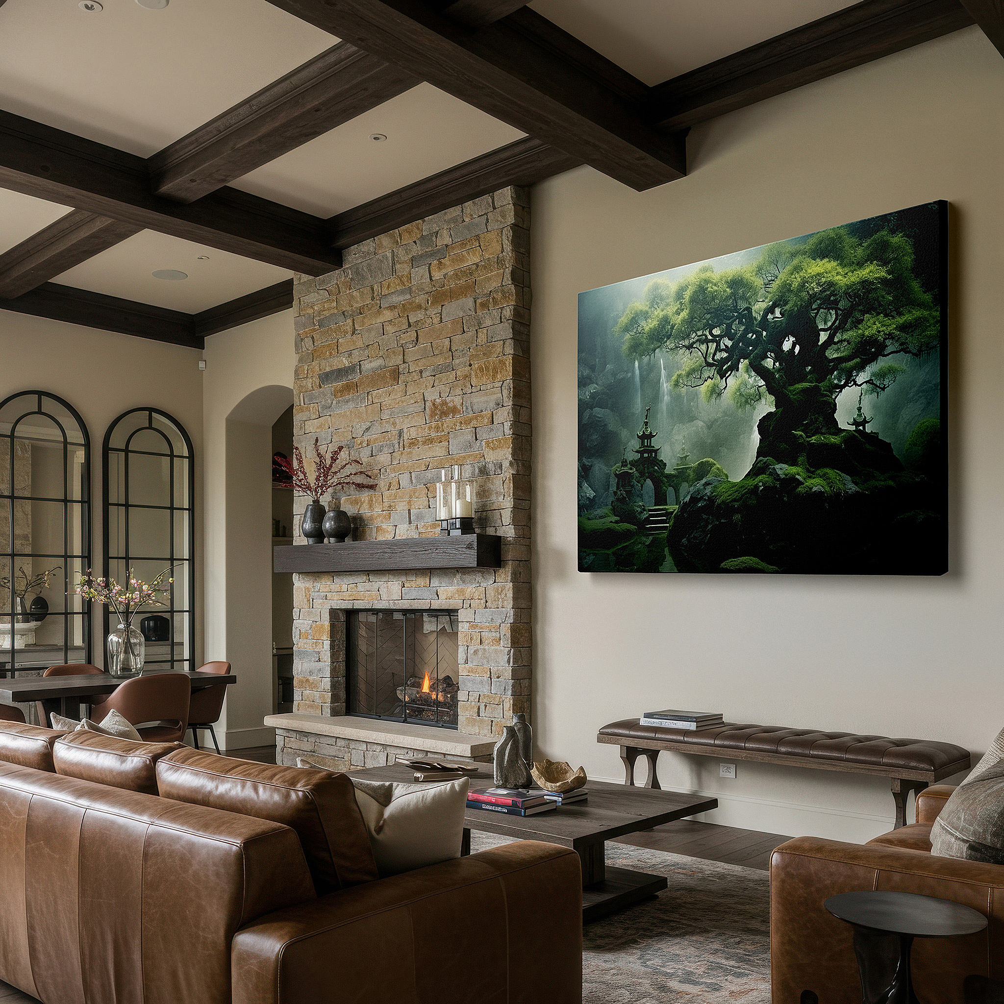 Back view reveals professional finishing and solid wood frame — enchanting landscape featuring eternal tree, jagged stones, and graceful pagoda in fog - large canvas wall art for office and bedroom decor