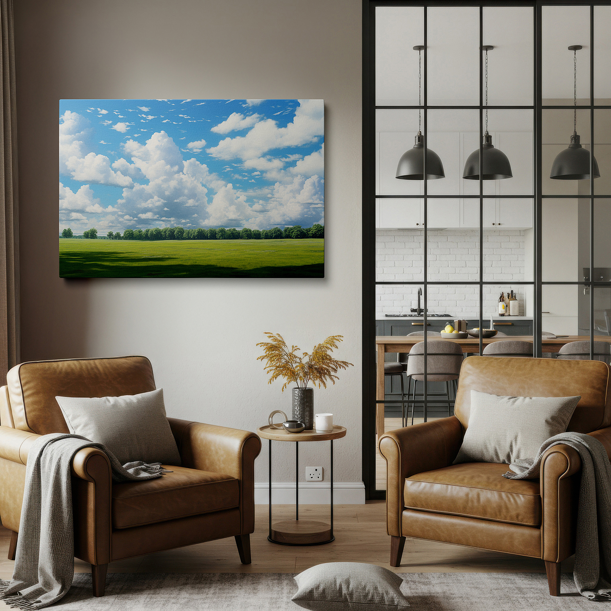 Back view reveals professional finishing and solid wood frame — expansive green meadow beneath bright blue sky, serene nature scene large wall art, canvas wall art, wall decor for office and bedroom